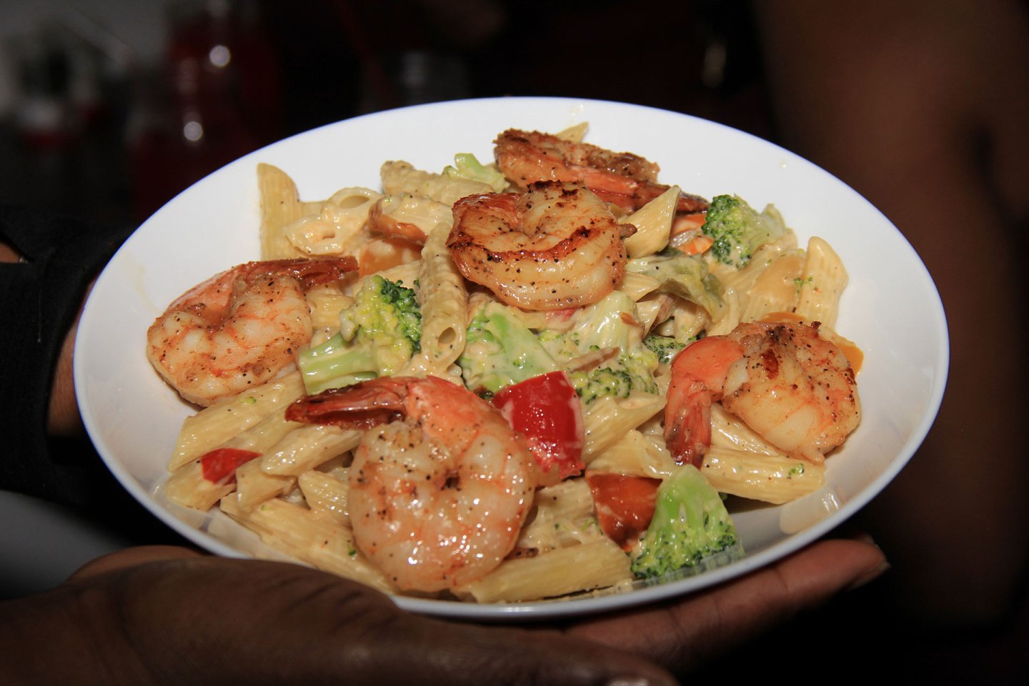 A close-up of a bowl of creamy penne pasta topped with grilled shrimp, broccoli, and red bell peppers, held in someone's hand.