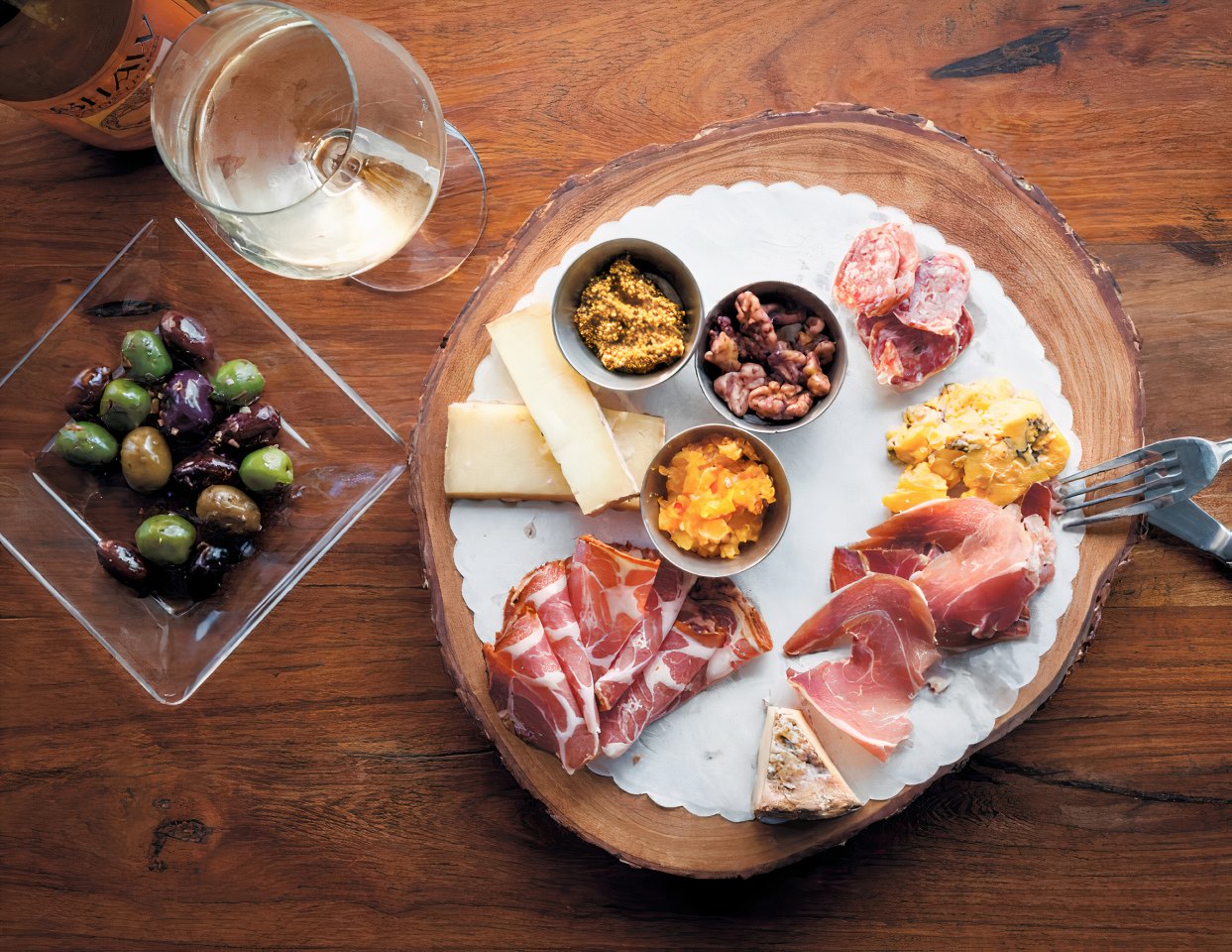 Small Meat & Cheese Board with a glass of FLX Chardonnay