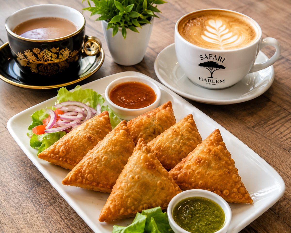 Somali sambusas served with shaah/chai and specialty coffee at Safari Harlem in New York City