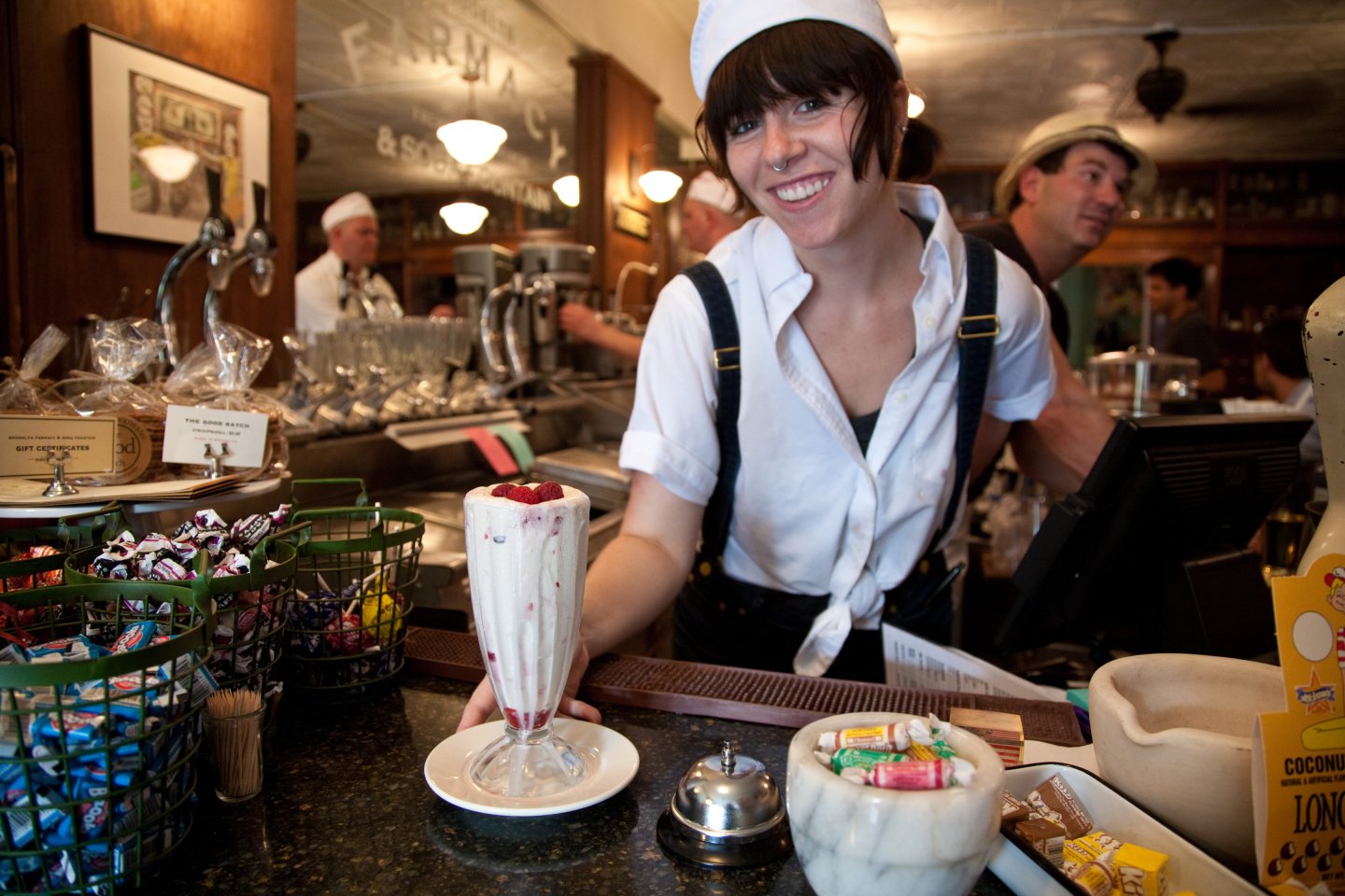 white raspberry shake at Brooklyn Farmacy & Soda Fountain