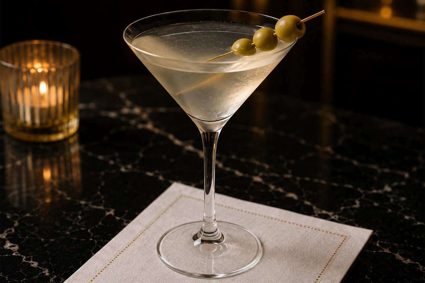 A martini garnished with three green olives on a cocktail pick, served in a martini glass placed on a white napkin on a dark marble table; a lit candle sits in the background.