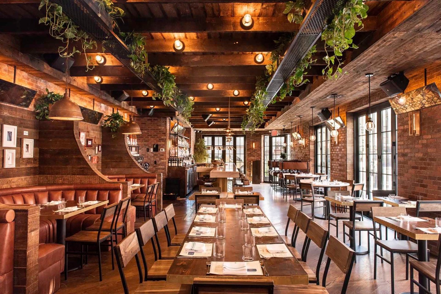 A cozy, warmly lit restaurant interior with brick walls and wooden beams. Tables are arranged with menus and place settings. Green plants hang from the ceiling, and sunlight streams in through large windows, creating a welcoming atmosphere.