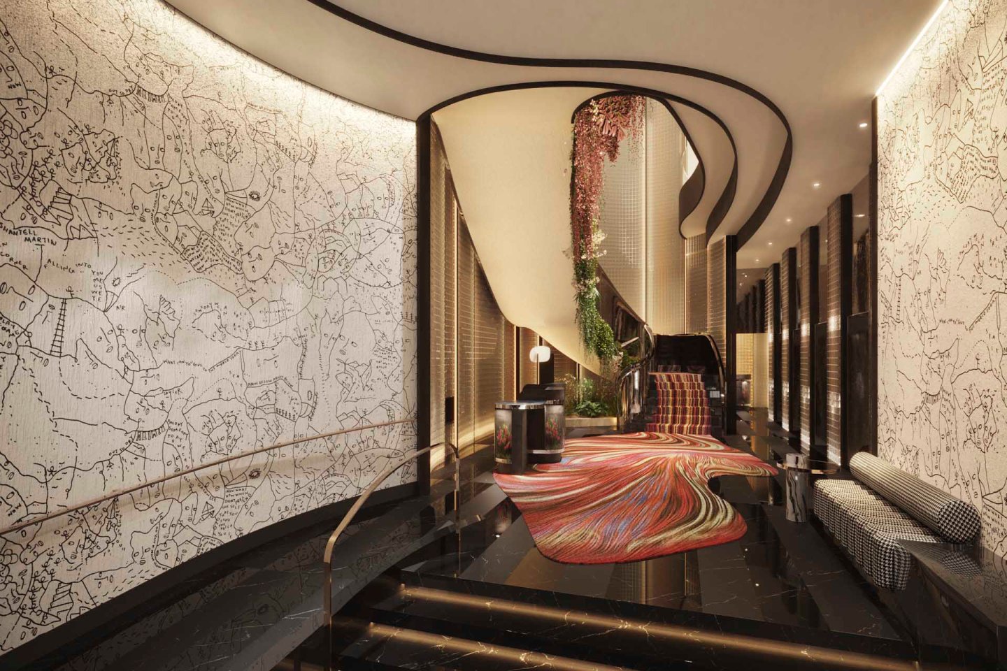 A luxurious hotel lobby with curved walls decorated with artistic map-like patterns, black marble floors, a colorful swirling carpet, lush greenery, and a dramatic staircase leading upward.