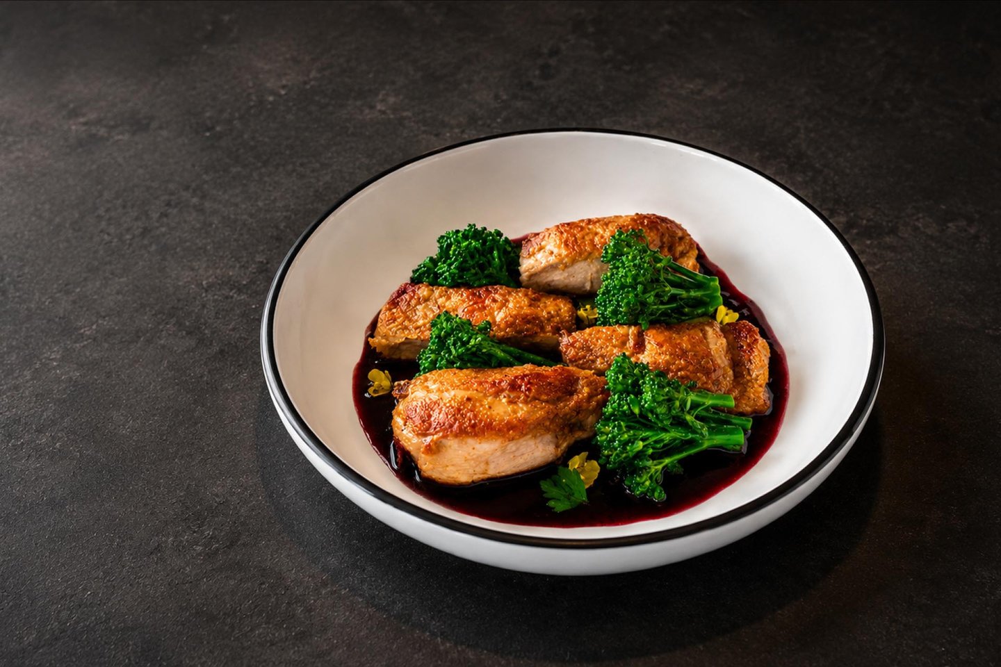 A white bowl with crispy roasted chicken pieces, bright green broccolini, and a dark red sauce, set on a dark, textured surface.
