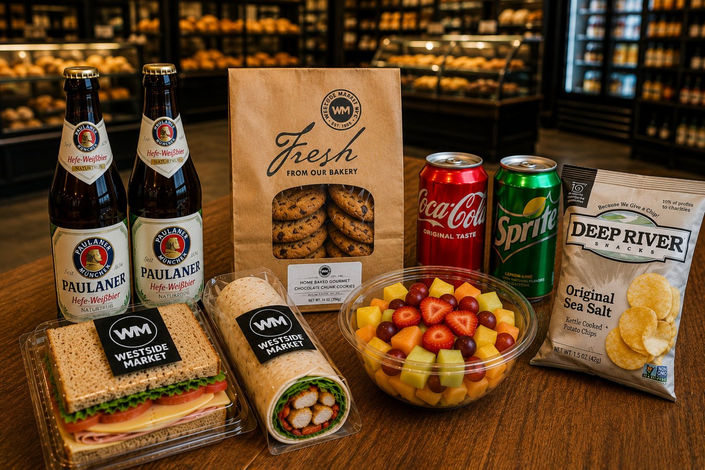 Westside Market Upper West Side FIFA World Cup meal deal featuring fresh sandwiches, fruit salad, cookies, Deep River chips, and soft drinks in New York City.