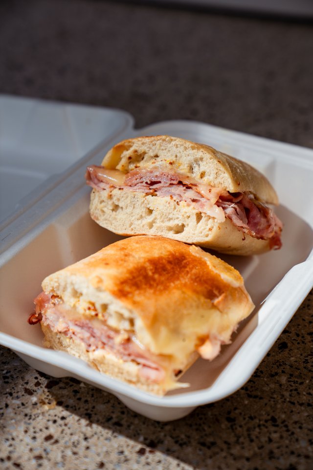 Ham and cheese sandwich served on ciabatta bread