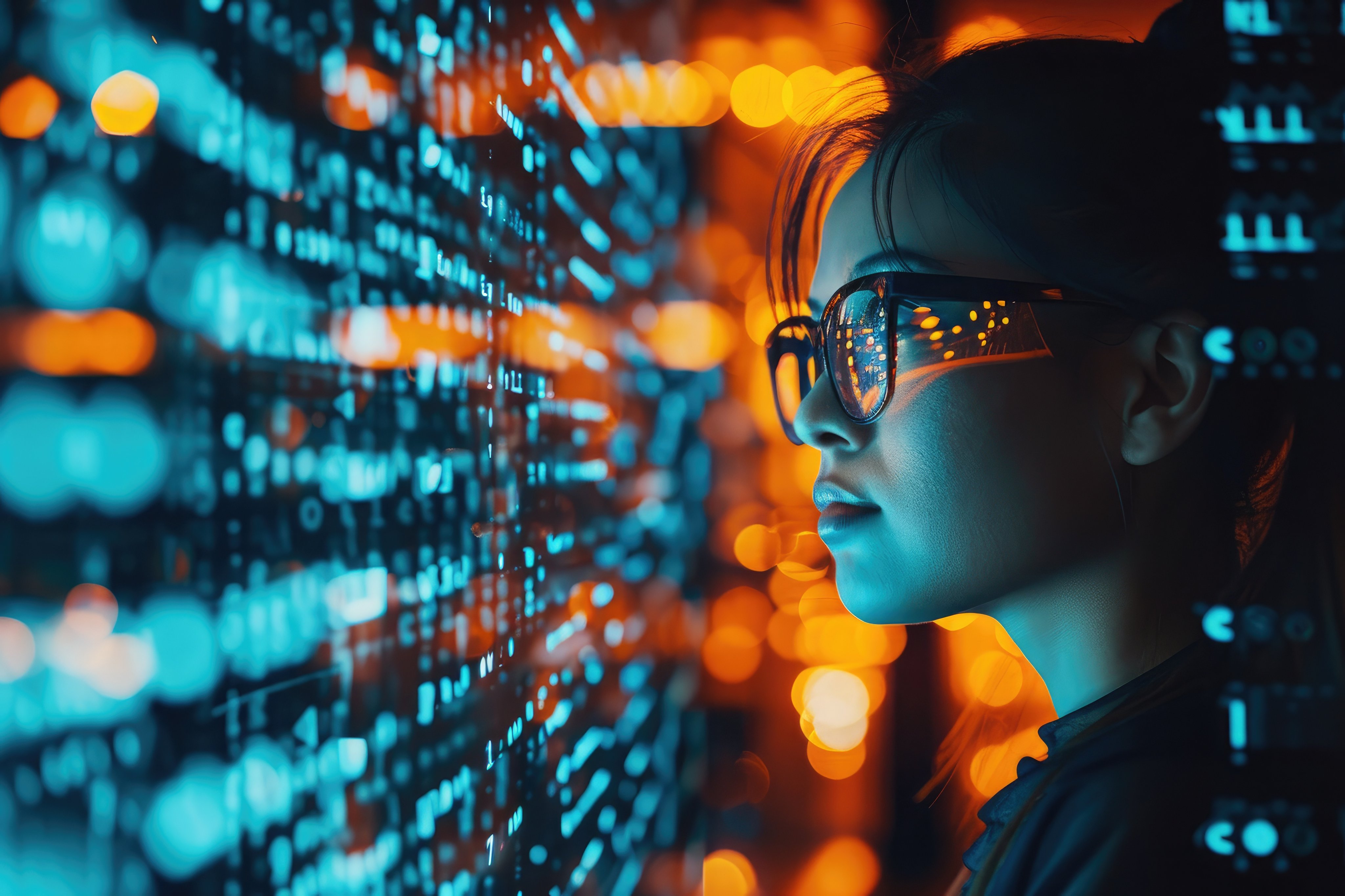 A woman wearing glasses carefully examines a wall filled with data, focusing intently on the information presented, A cyber security professional against a backdrop of code, AI Generated