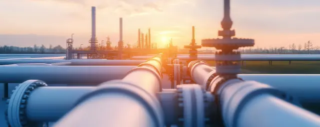 A futuristic oil and gas infrastructure network, showcasing advancements in refining and distribution systems