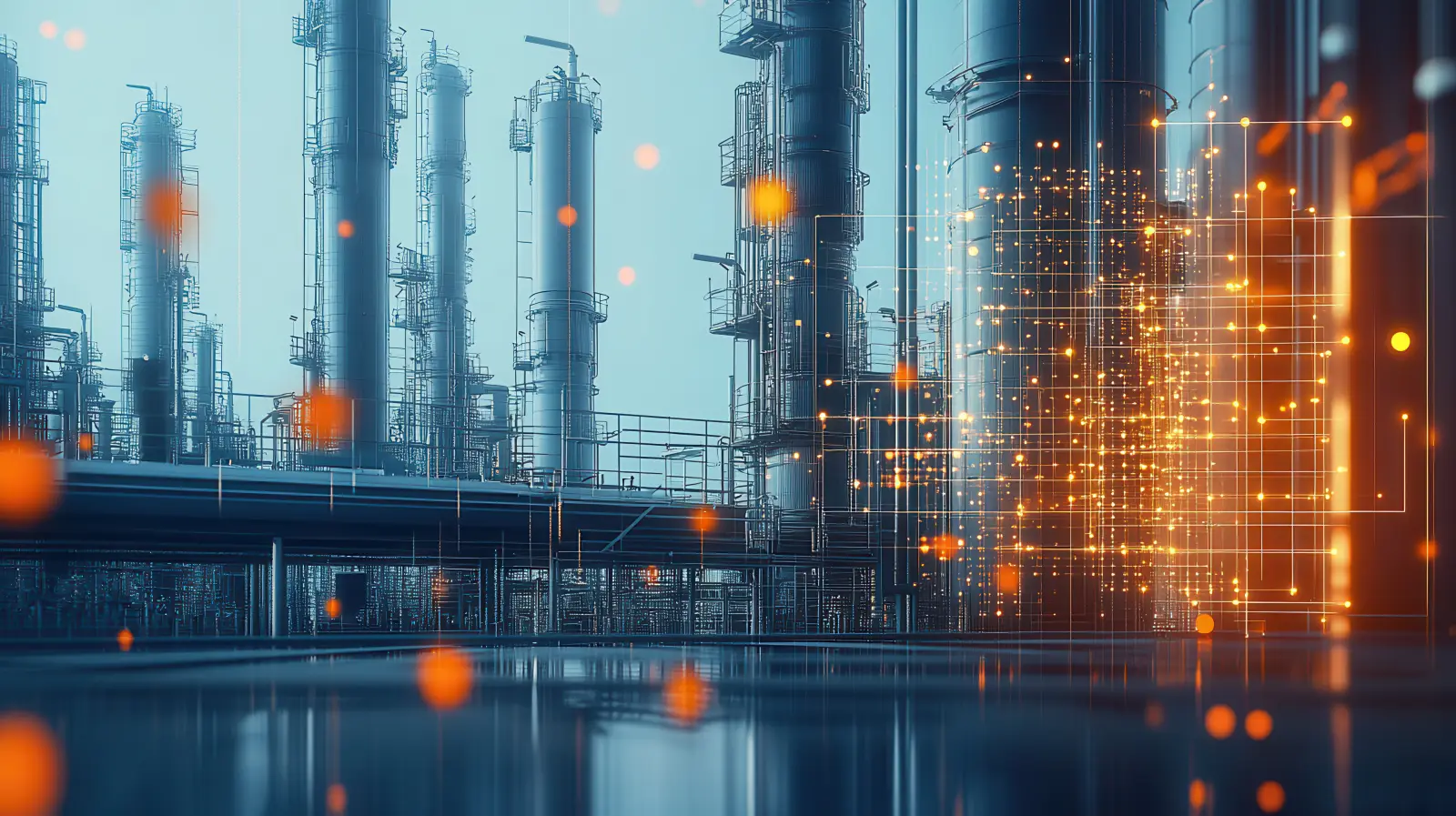 A digital illustration of an industrial plant with glowing data points and orange highlights, set against the backdrop of towering gas tanks