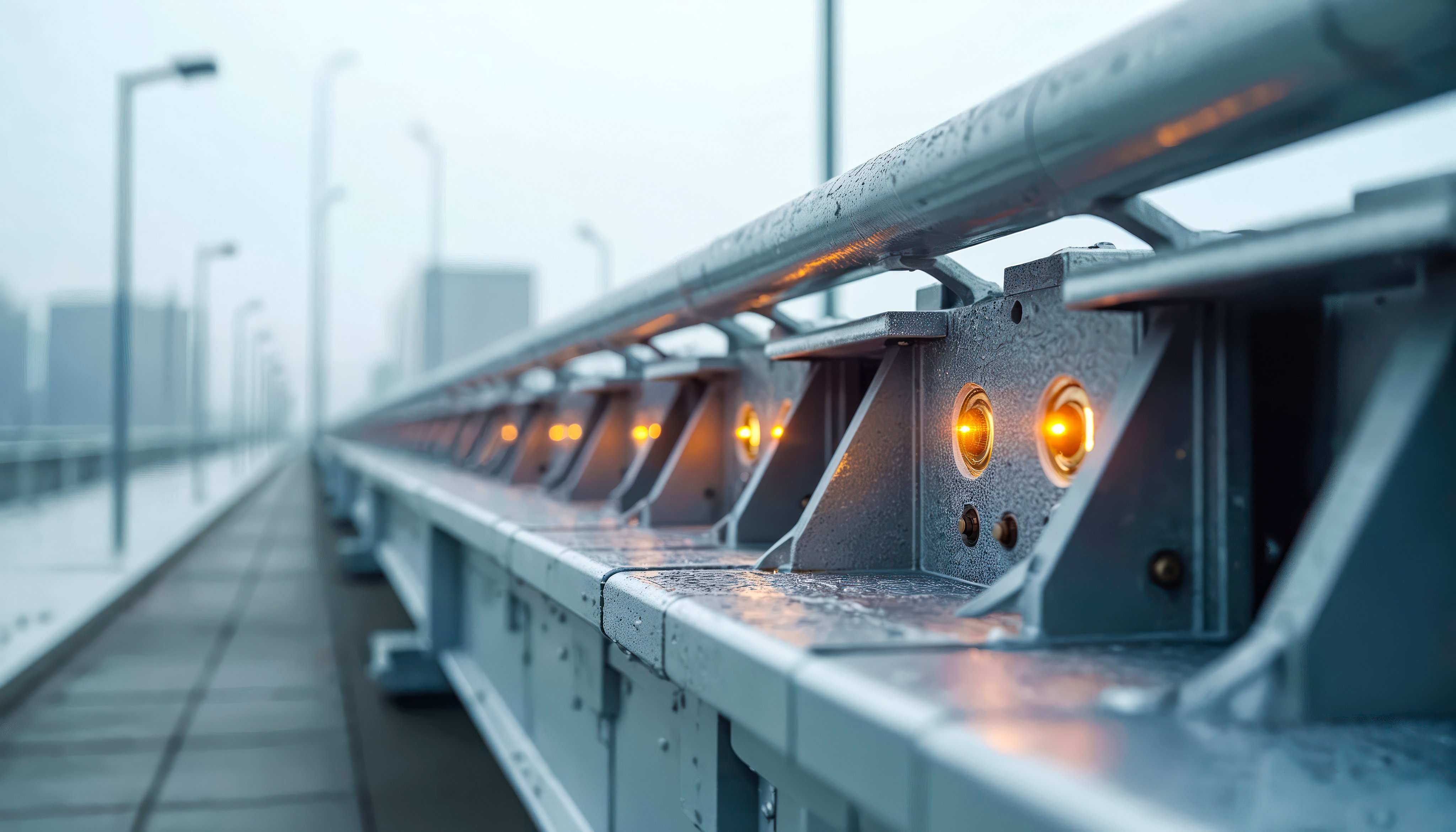 Modern bridge section with integrated sensors. Steel structure has embedded lights for monitoring. Infrastructure technology in urban fog. Smart city systems, for safety.