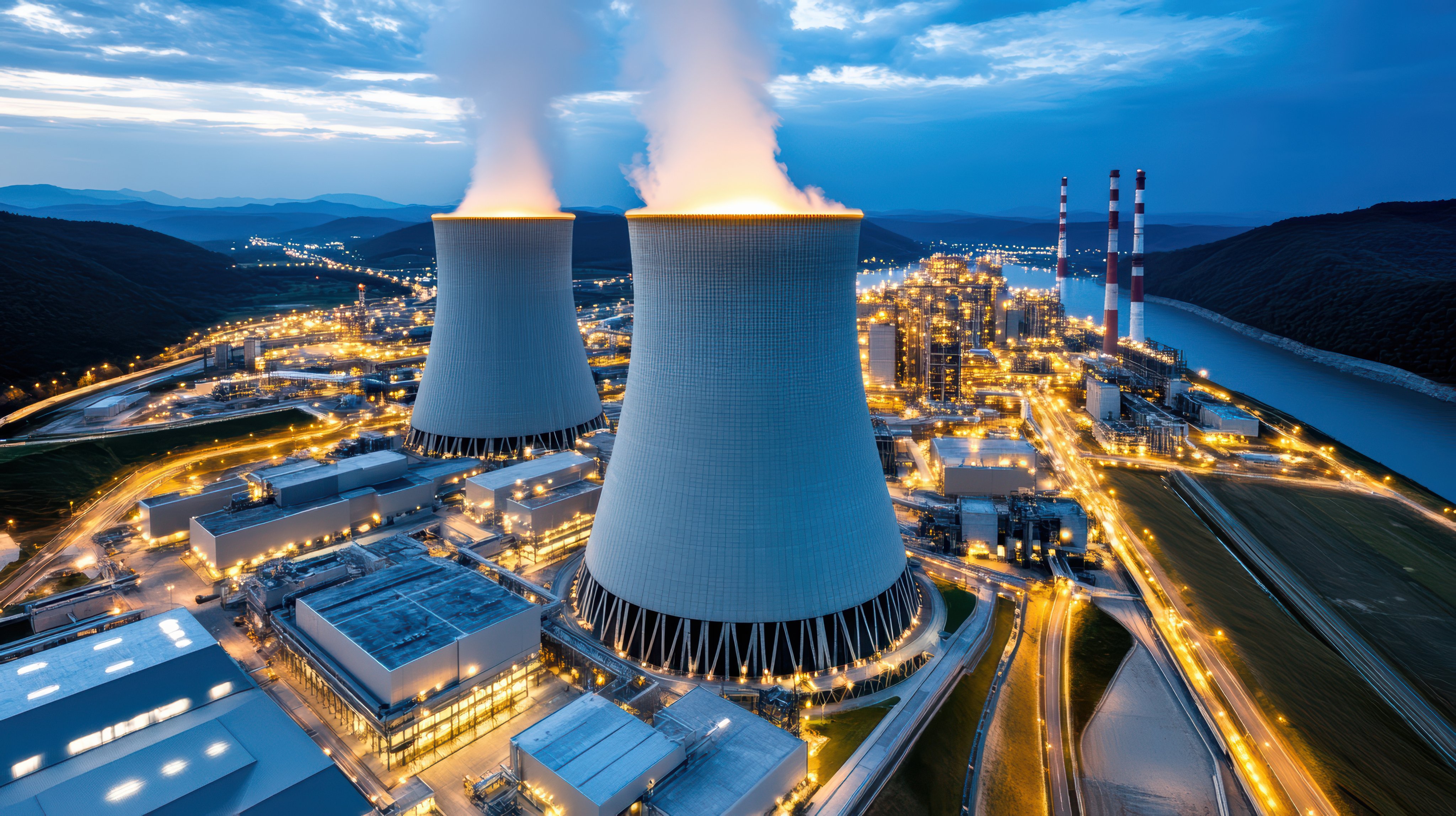 Large nuclear complex at night with cooling towers and industrial structures illuminated