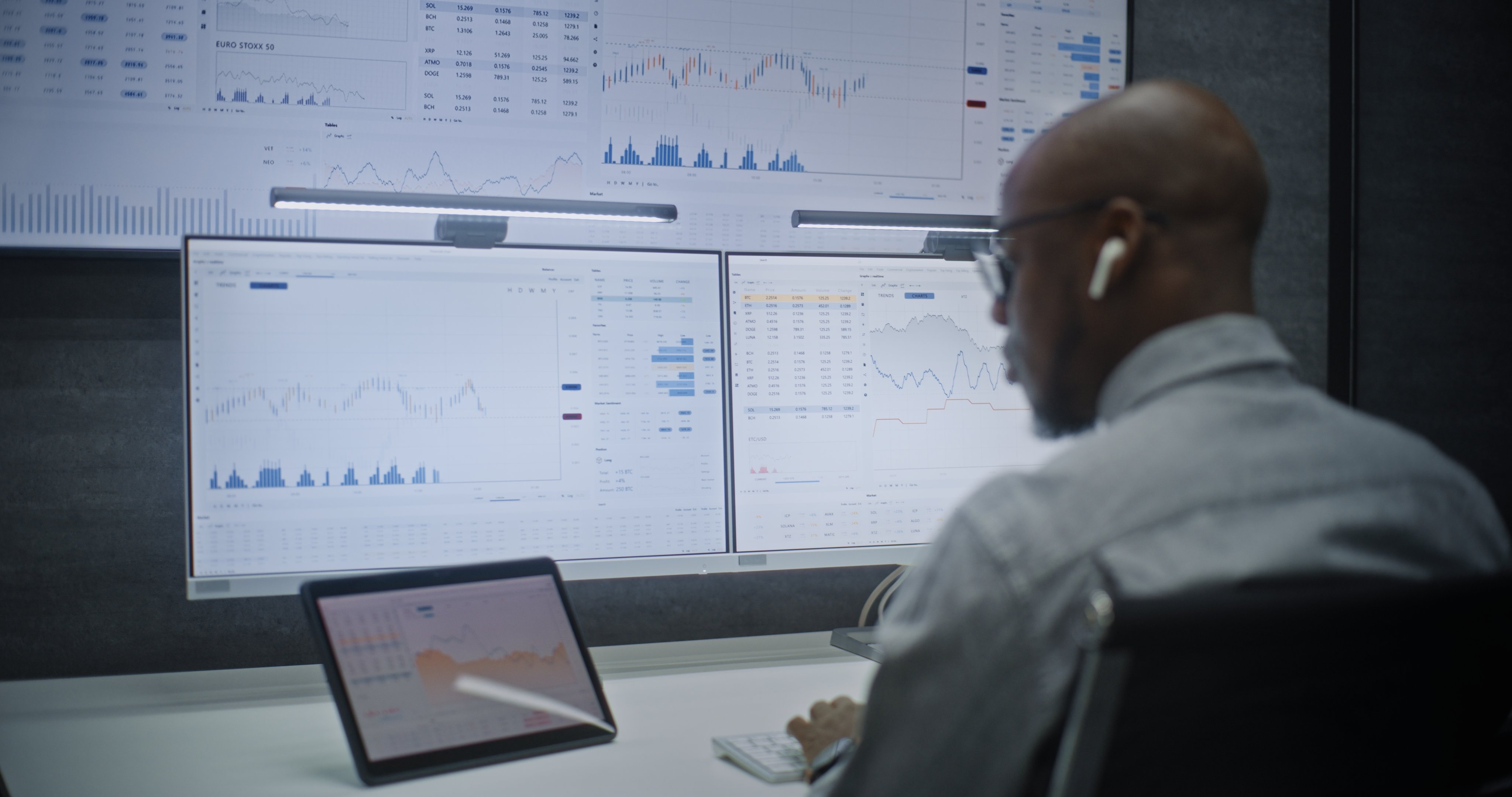 Stock Exchange Trader Monitoring Real-Time Stocks, Exchange Market Charts on Computer with Multi-Monitor Desktop Setup. African American Investment Agent Working in Financial Agency Office at Night.