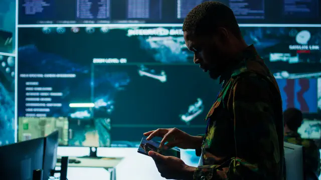 Cybersecurity specialist operates in a high tech military control center, monitoring surveillance footage and gathering intelligence for a new defense mission. Secret service activity. Camera B.