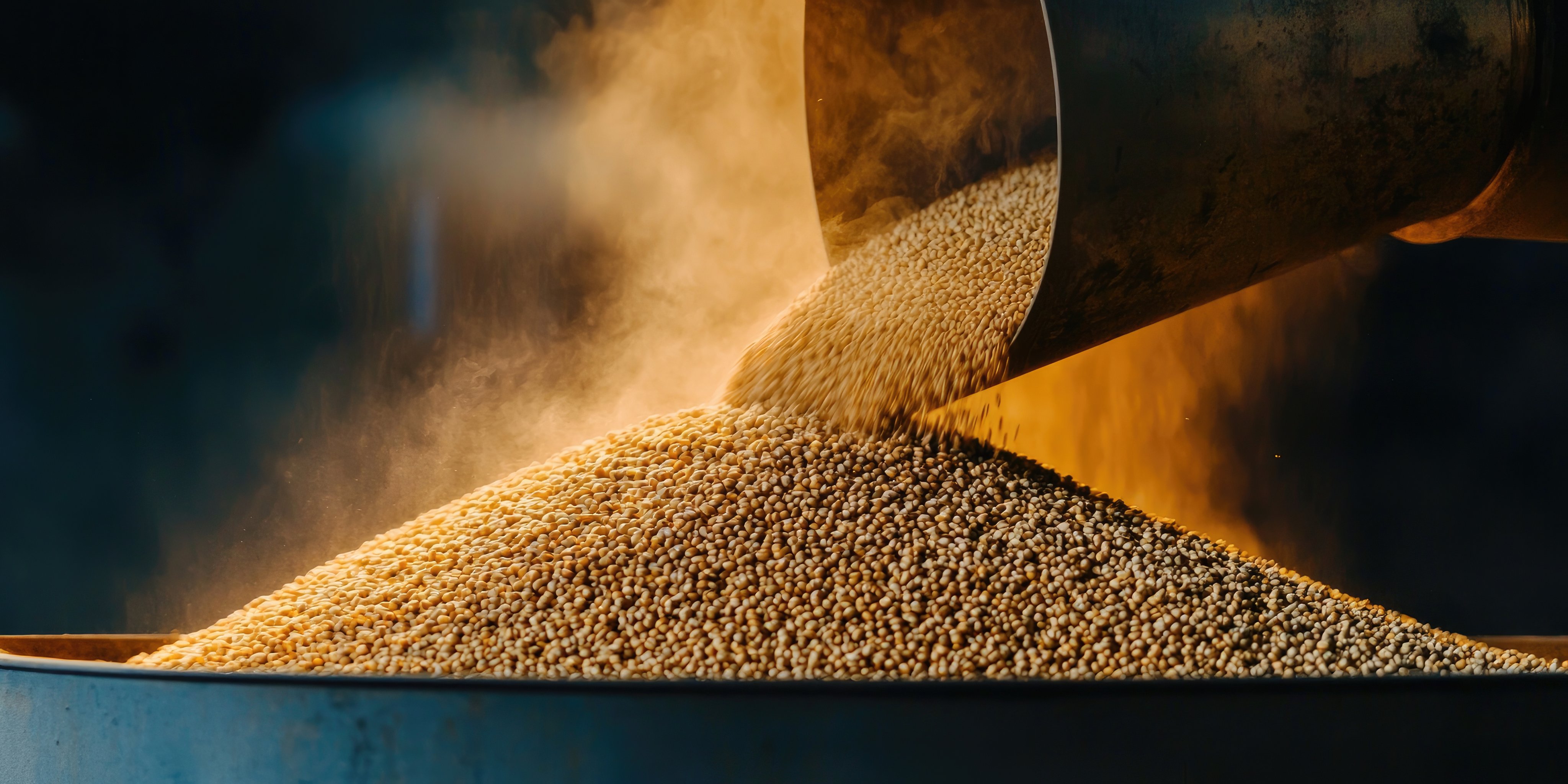Diverse grains being sifted through mechanical separators, glowing in golden tones under industrial lighting --chaos 20 --ar 2:1 --quality 2 --personalize pkmg2ei --v 6.1 Job ID: 5d3a02f0-6e4f-4af8-85d9-2f7e30b73586