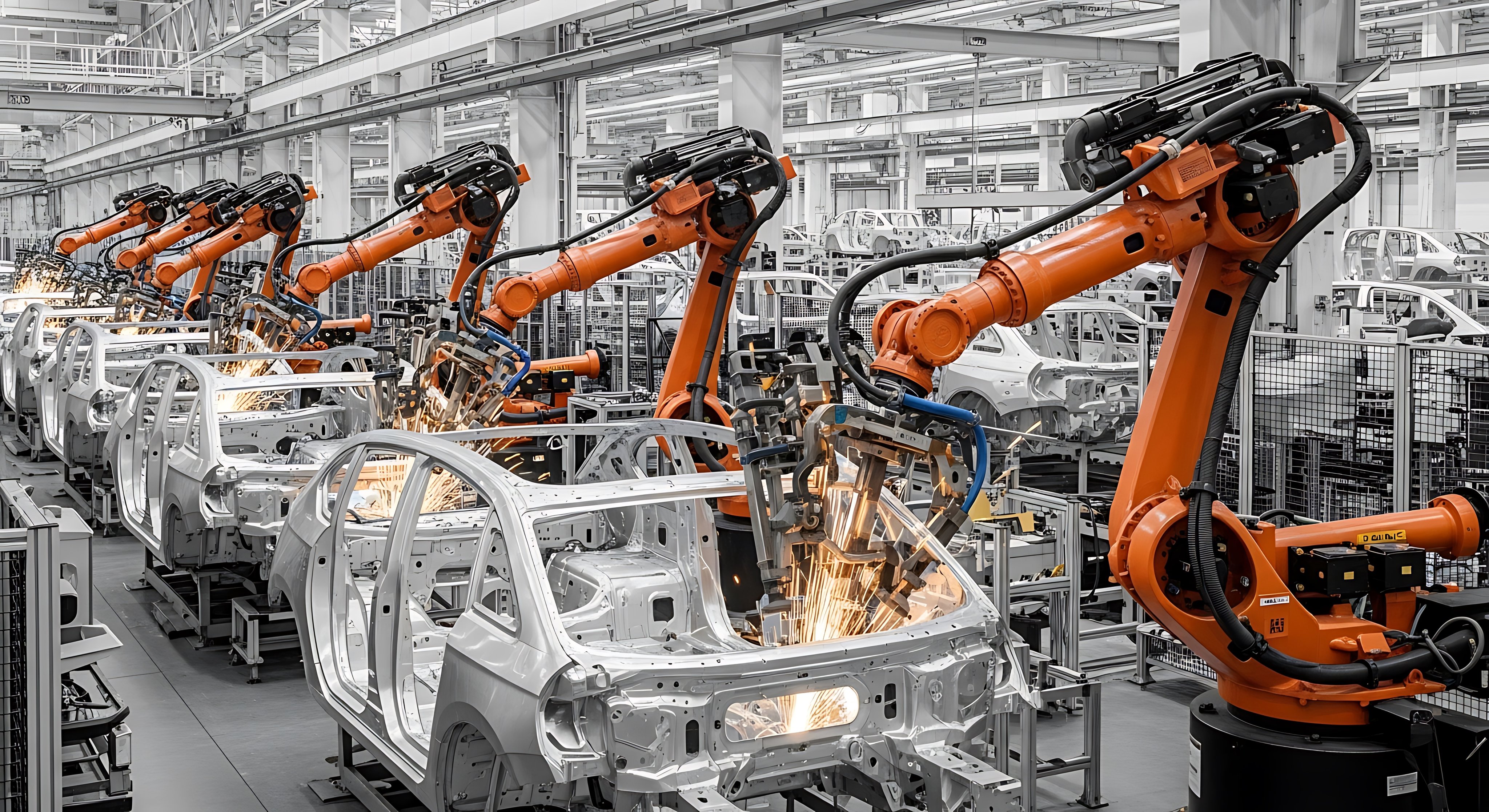 High-volume automotive assembly line, showcasing industrial robots performing welding operations on car chassis in a large-scale manufacturing facility.  The robots are orange, and the setting is a large, well-lit factory.  The image highlights precision, efficiency, and the use of automation in the automotive industry.