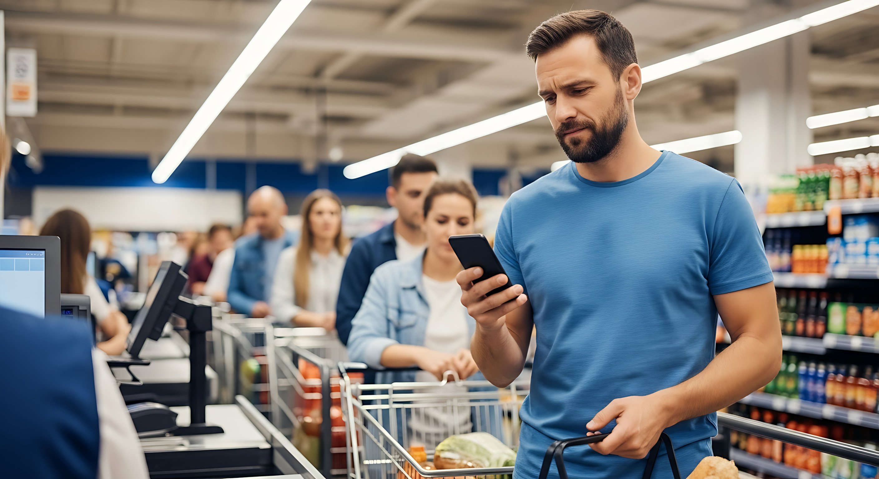 A man in a blue shirt is using his phone while waiting in a grocery store checkout line with a shopping cart. Other customers are lined up behind him at the checkout counter.
