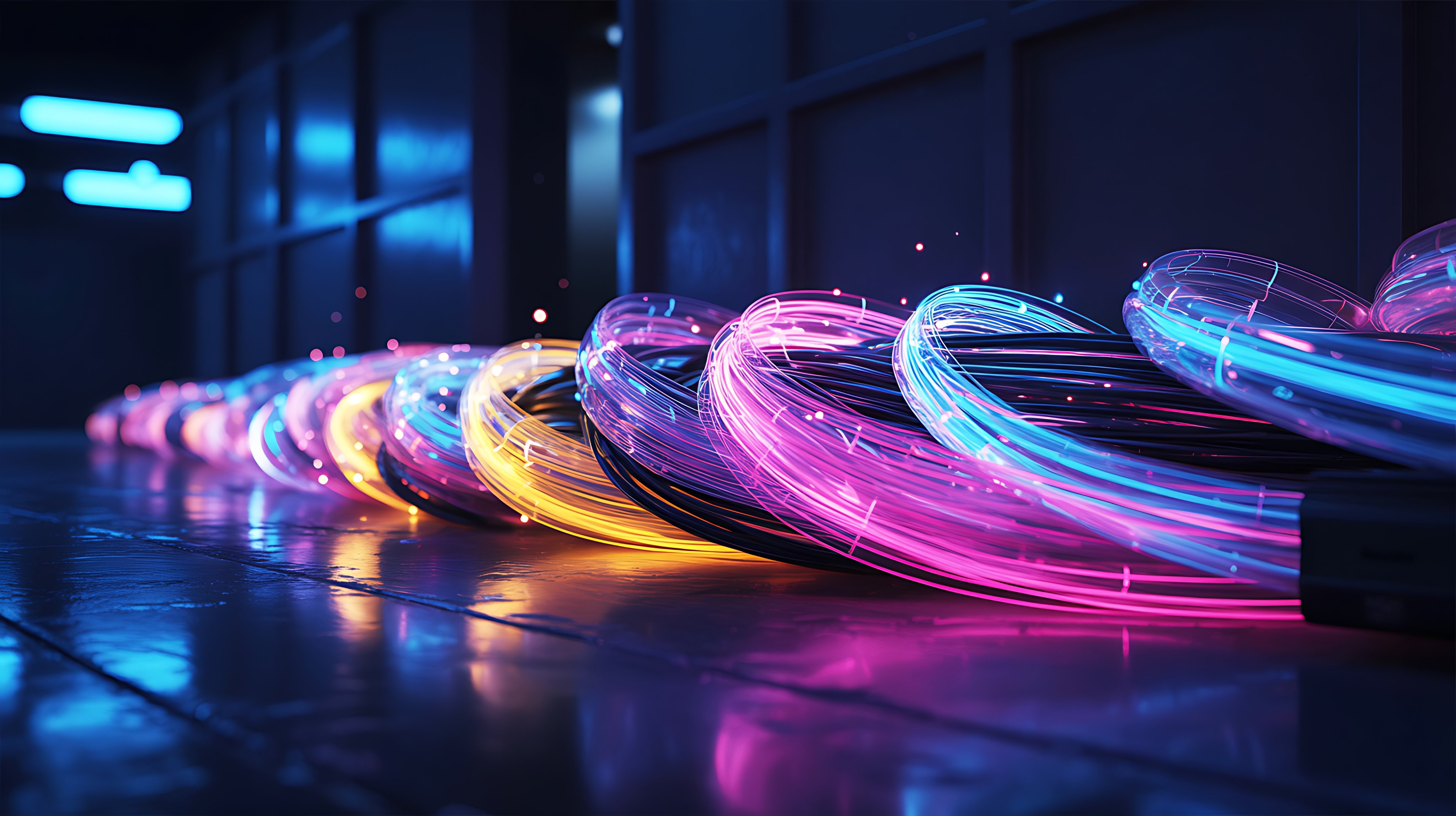 Vibrantly illuminated fiber optic cables, arranged in mesmerizing loops, glow with a spectrum of electric colors, symbolizing fast data communication and future technology.