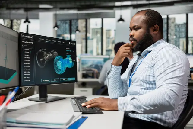 Employee uses CAD software to upgrade turbine, boosting power output and increasing sustainability. Research and development office worker reviews turbine data to optimize efficiency