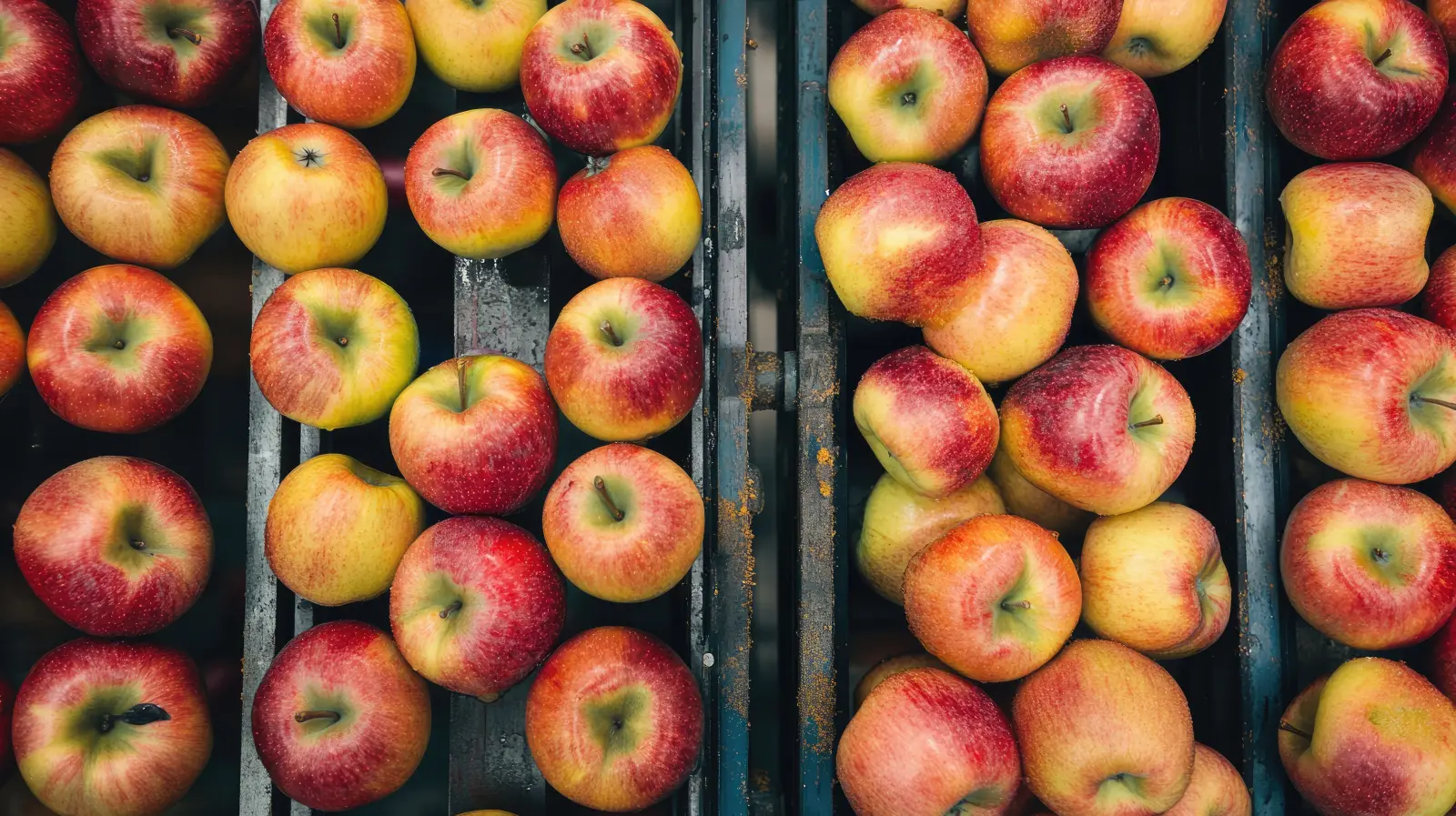 Aerial view of apples on a conveyor belt being polished and inspected in a large fruit packaging factory