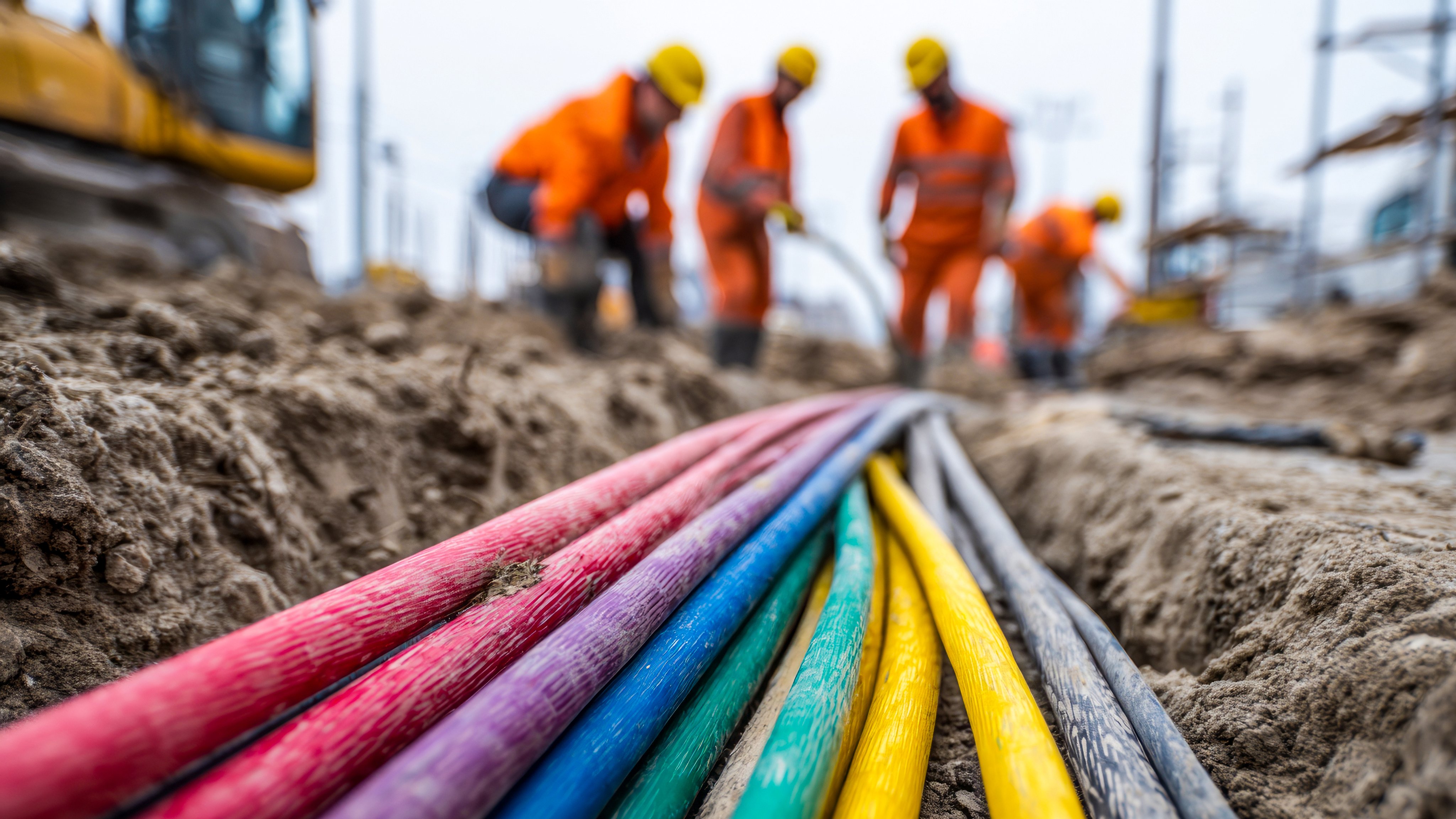 Focused construction worker team laying colorful cable in trench for new network infrastructure installation with teamwork