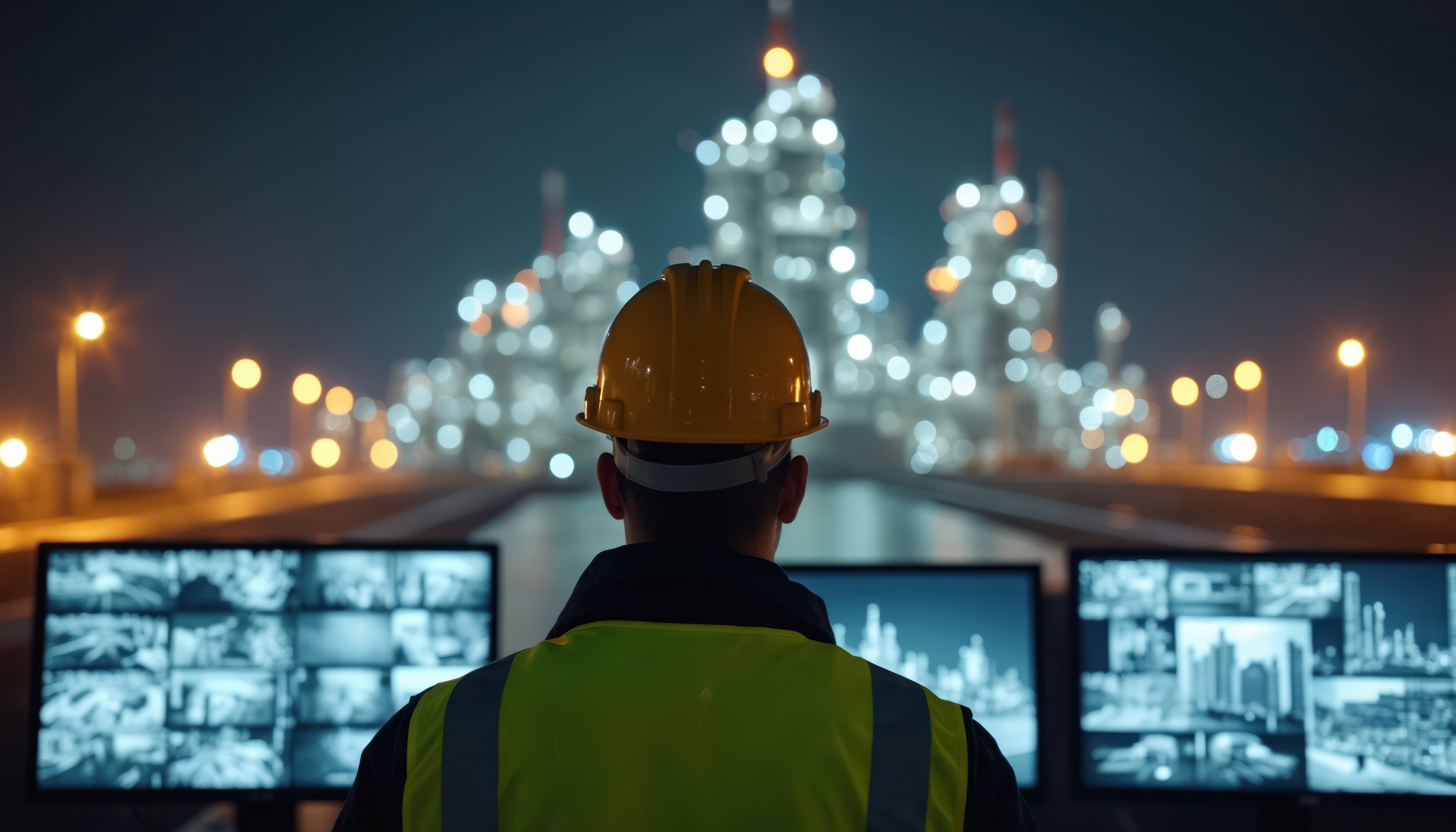 Security worker watches plant at night. Man controls process on monitors in control room. Engineer looks at industrial manufacture complex. Safety inspector monitors factory, operation with
