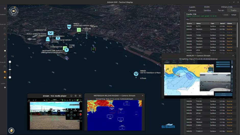 The COP, developed with Alto Lightspeed, shows video feeds and SAR data with maritime charts.