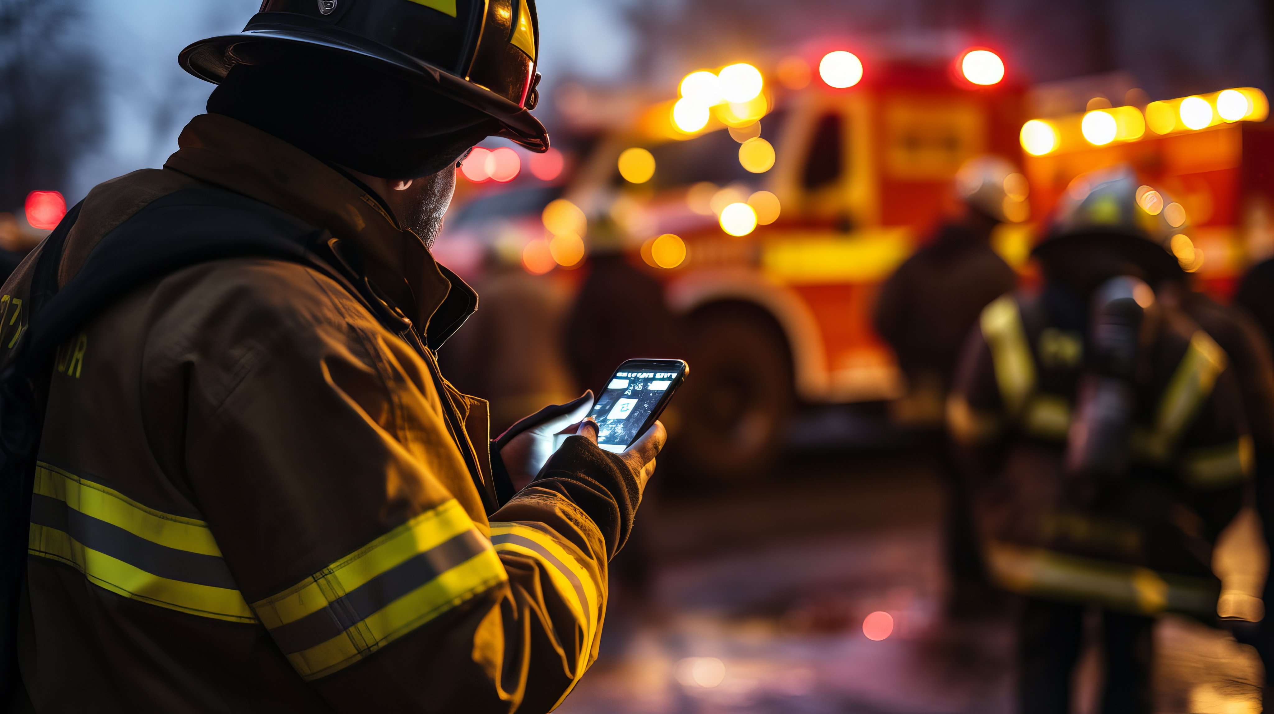 A firefighter, dressed in protective gear, checks a phone while standing near emergency vehicles. The scene is illuminated by flashing lights as night falls, indicating an urgent situation.