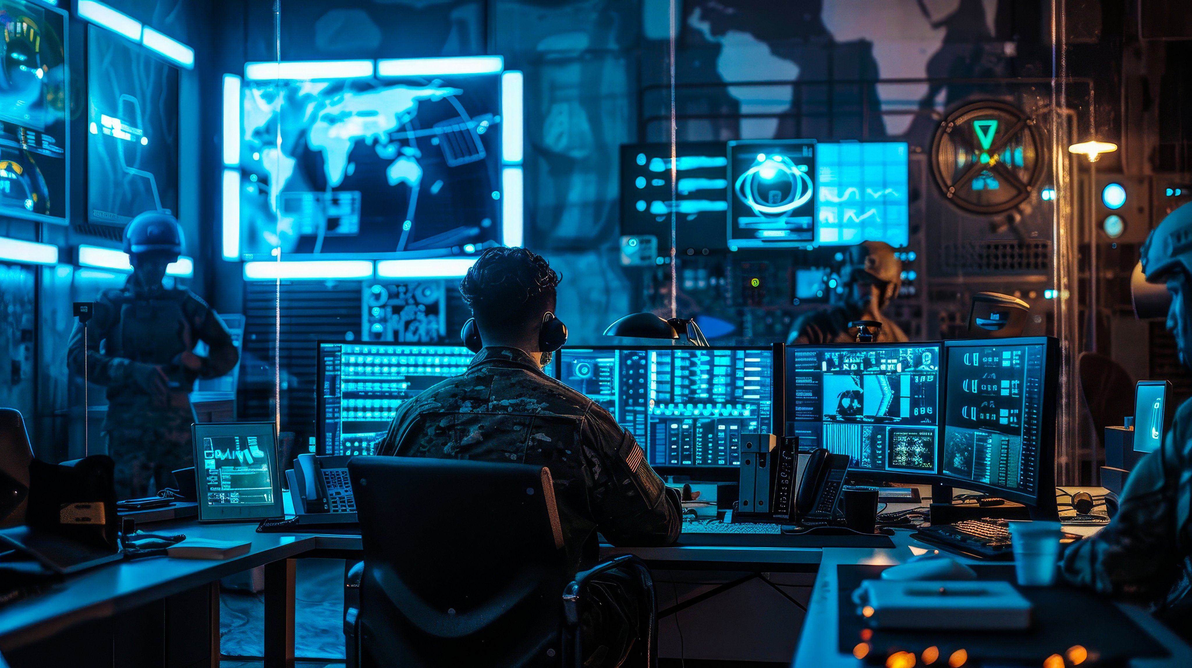 Military surveillance officer manages national security and army communications through cyber control and monitoring