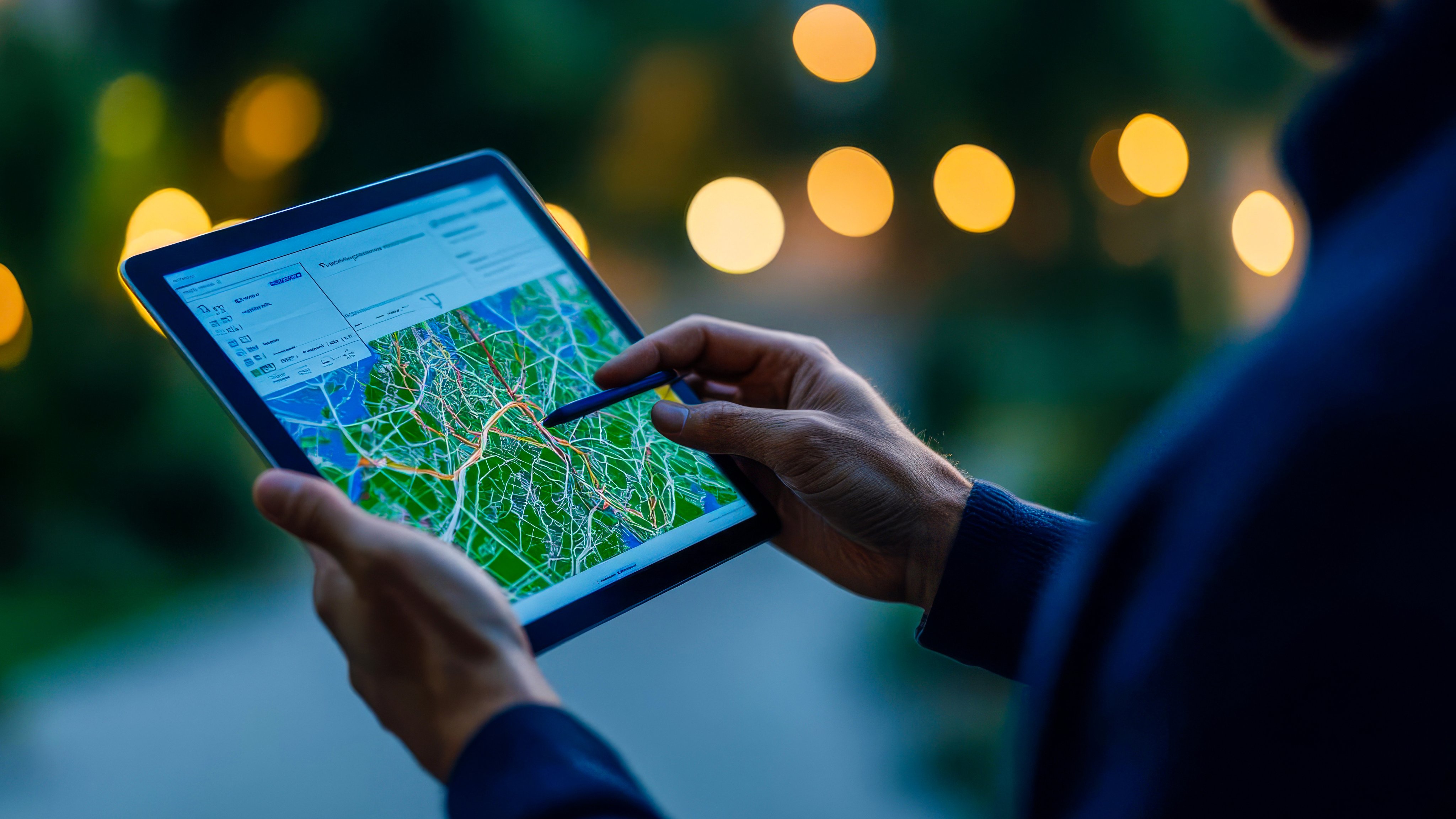 Investor holding a tablet with geospatial data, analyzing on site