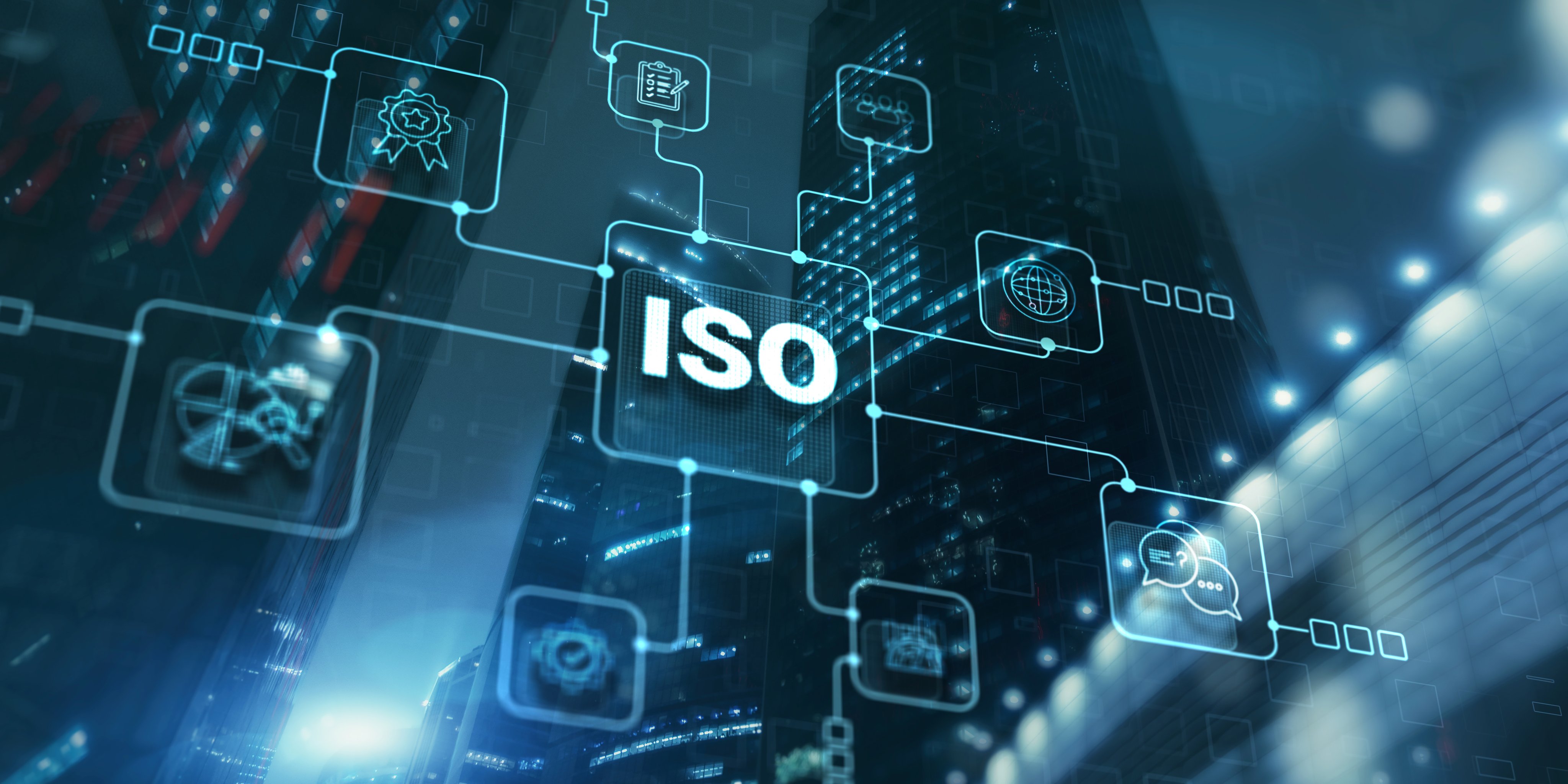 Quality standards ISO business technology concept on city background.