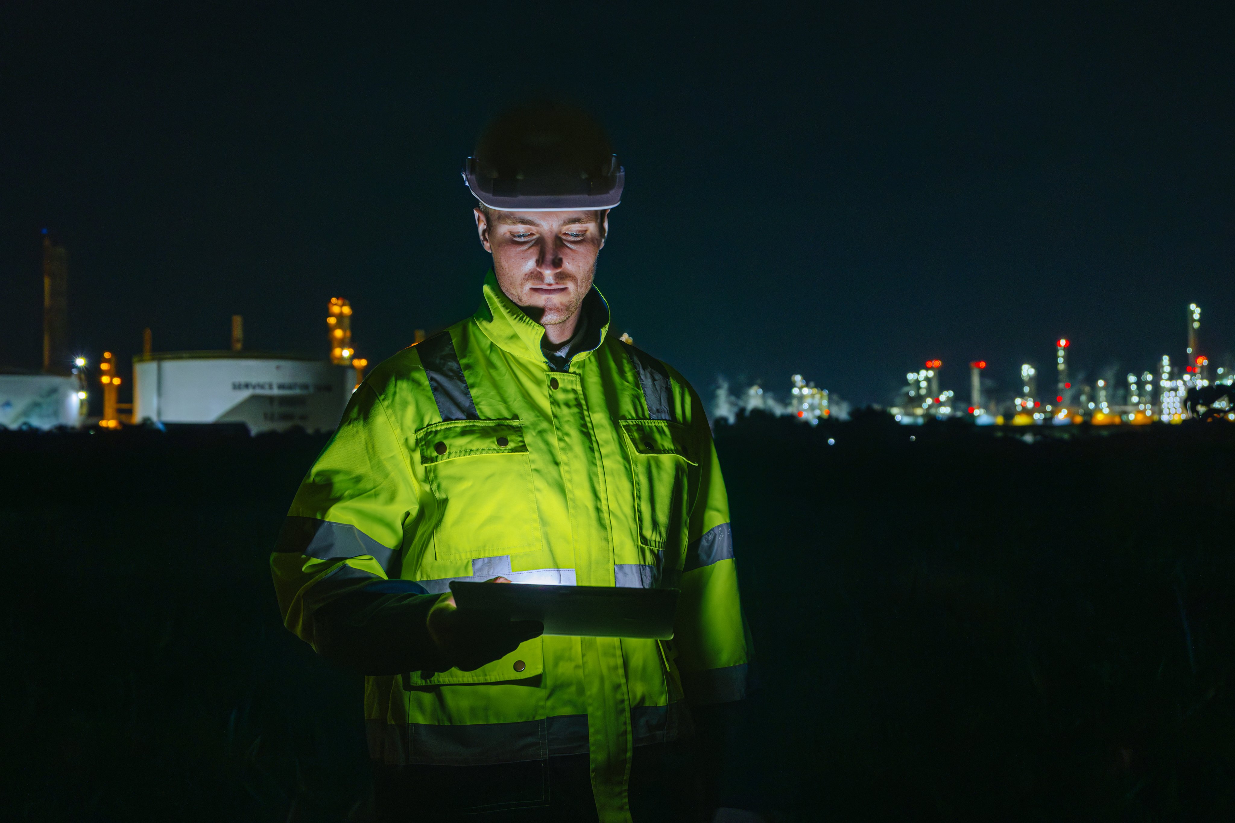 Night shift engineer oil and gas refinery service, male worker hard work in petroleum industry plant dark background.