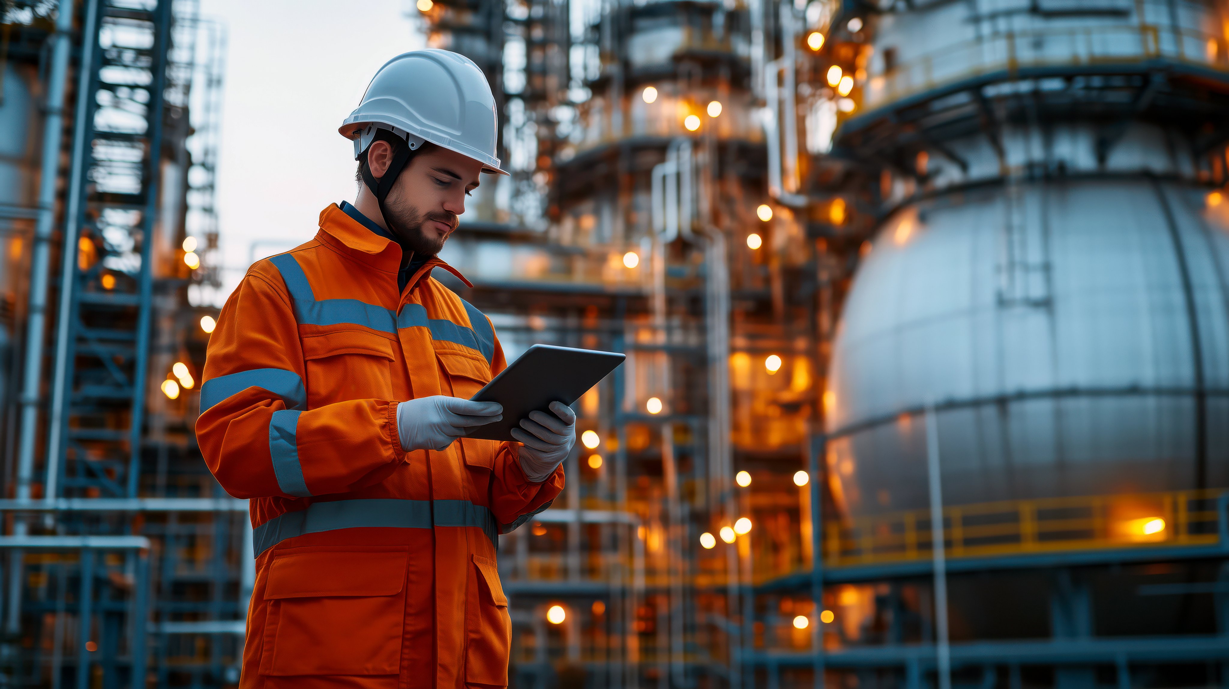 Man in an orange safety suit is looking at a tablet while standing in front of a large industrial plant