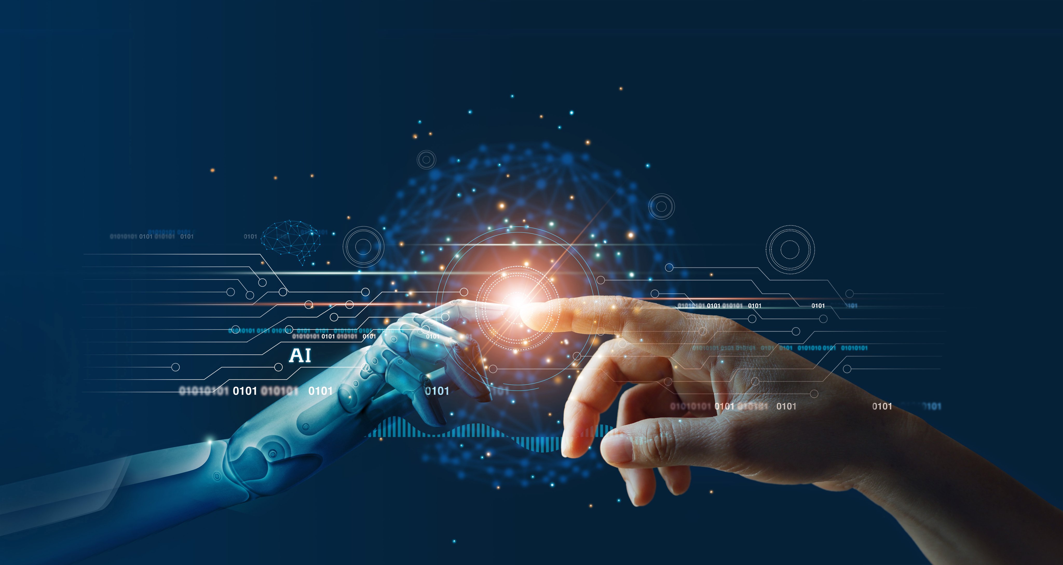 AI, Machine learning, Hands of robot and human touching on big data network connection background, Science and artificial intelligence technology, innovation and futuristic.
