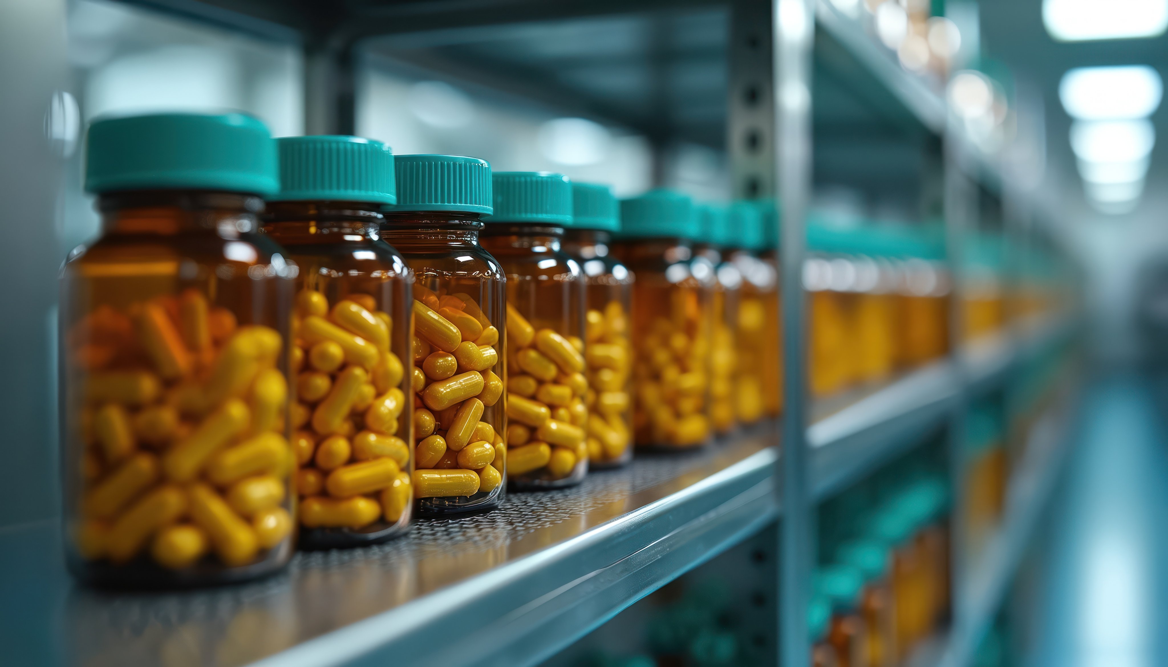 Bottles dietary supplements lined shelf at manufacturing facility. Amber glass bottles with yellow pills. Medicine production, pharmaceutical industry, product quality control, health, wellness