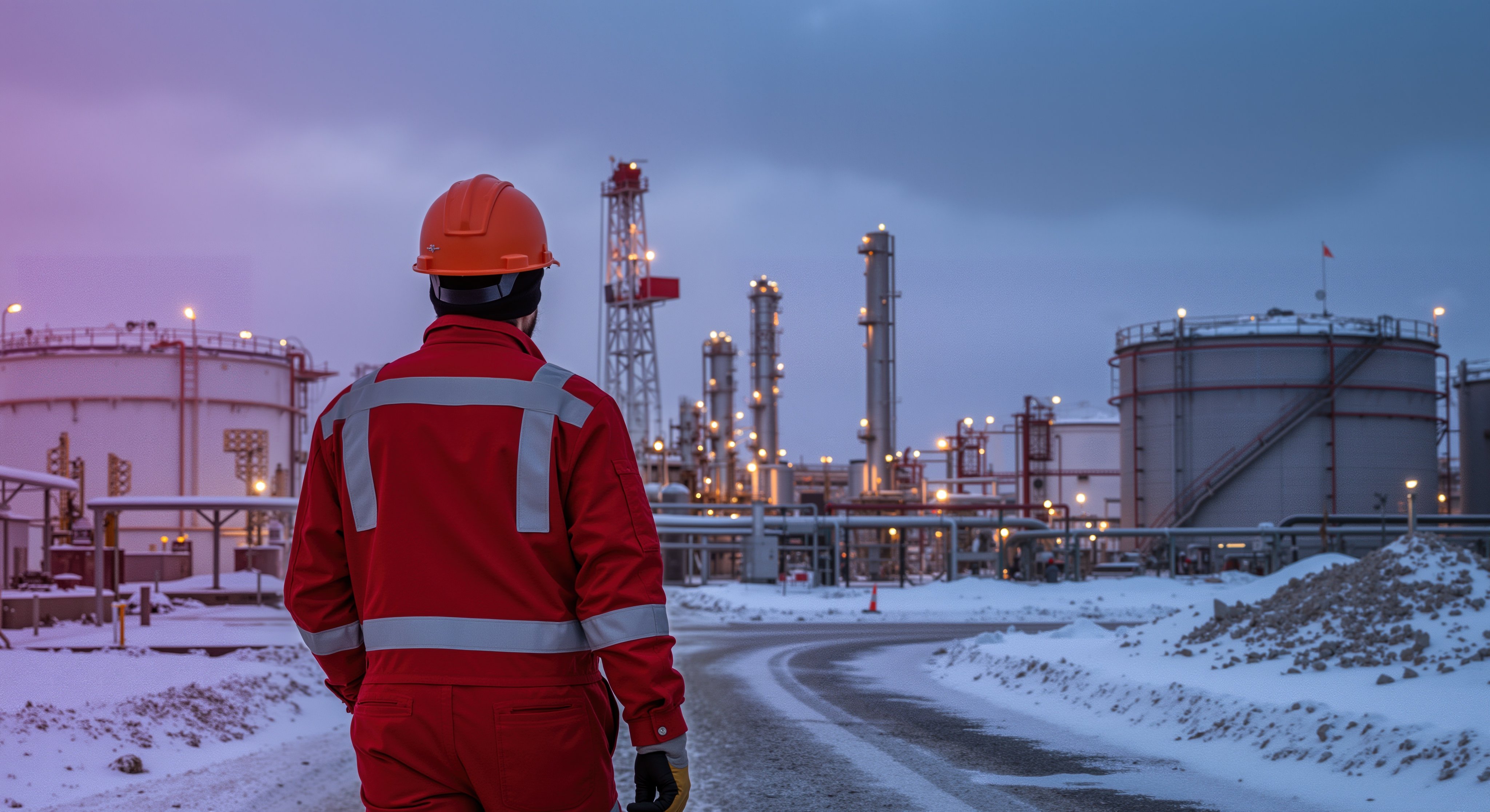 Oil refinery worker in red safety uniform overlooking industrial facility. Engineer with hard hat observing petroleum processing plant with storage tanks and towers. Energy industry. Oil, gas sector
