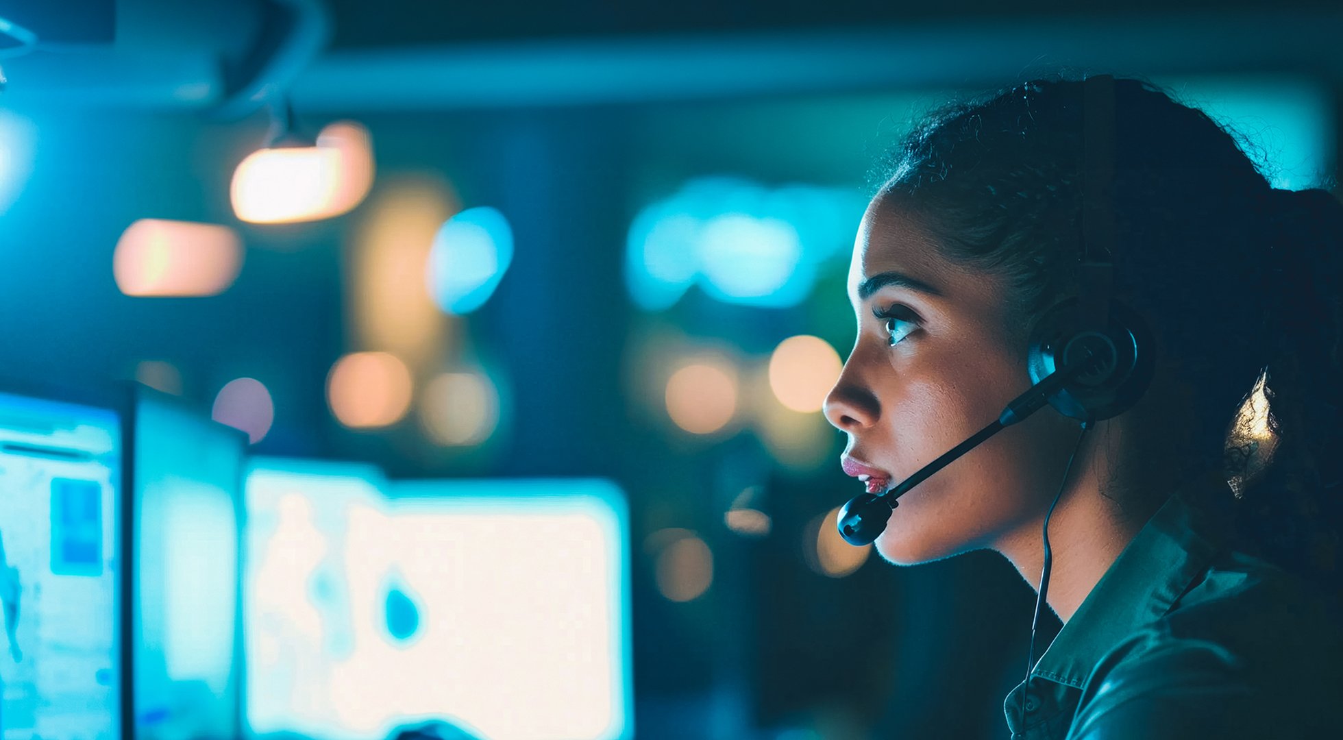 Focused emergency operator dispatching aid, the unsung hero in the headset