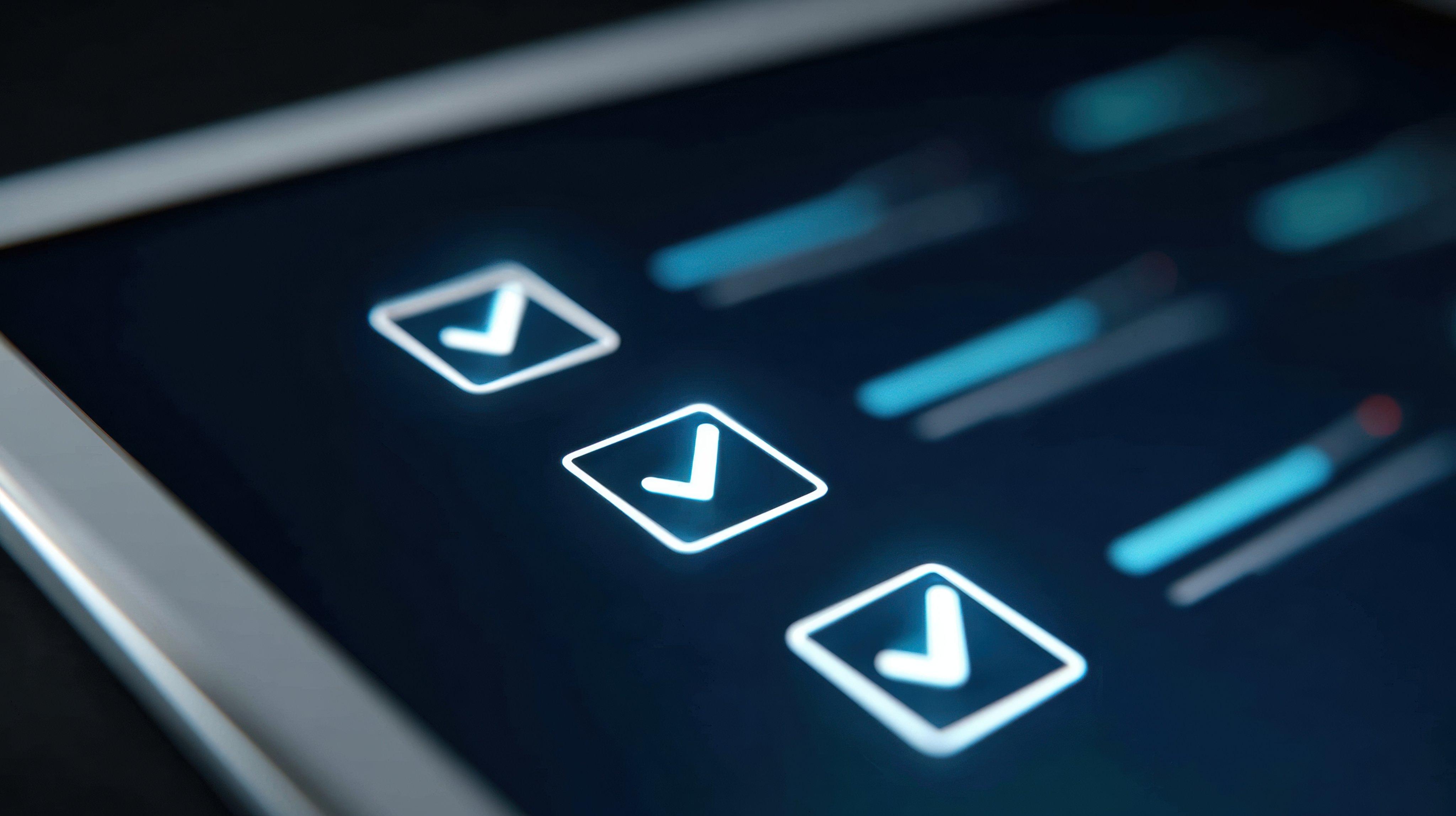 Minimalist system update checklist is shown on a tablet screen featuring illuminated checkmarks and progress bars for digital interface applications