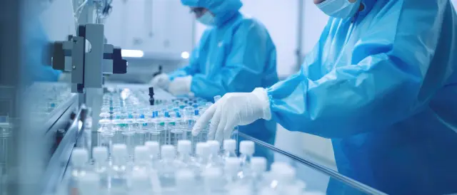 staff check Medical vials on production line at pharmaceutical factory, Pharmaceutical machine working pharmaceutical glass bottles production line, Generative AI
