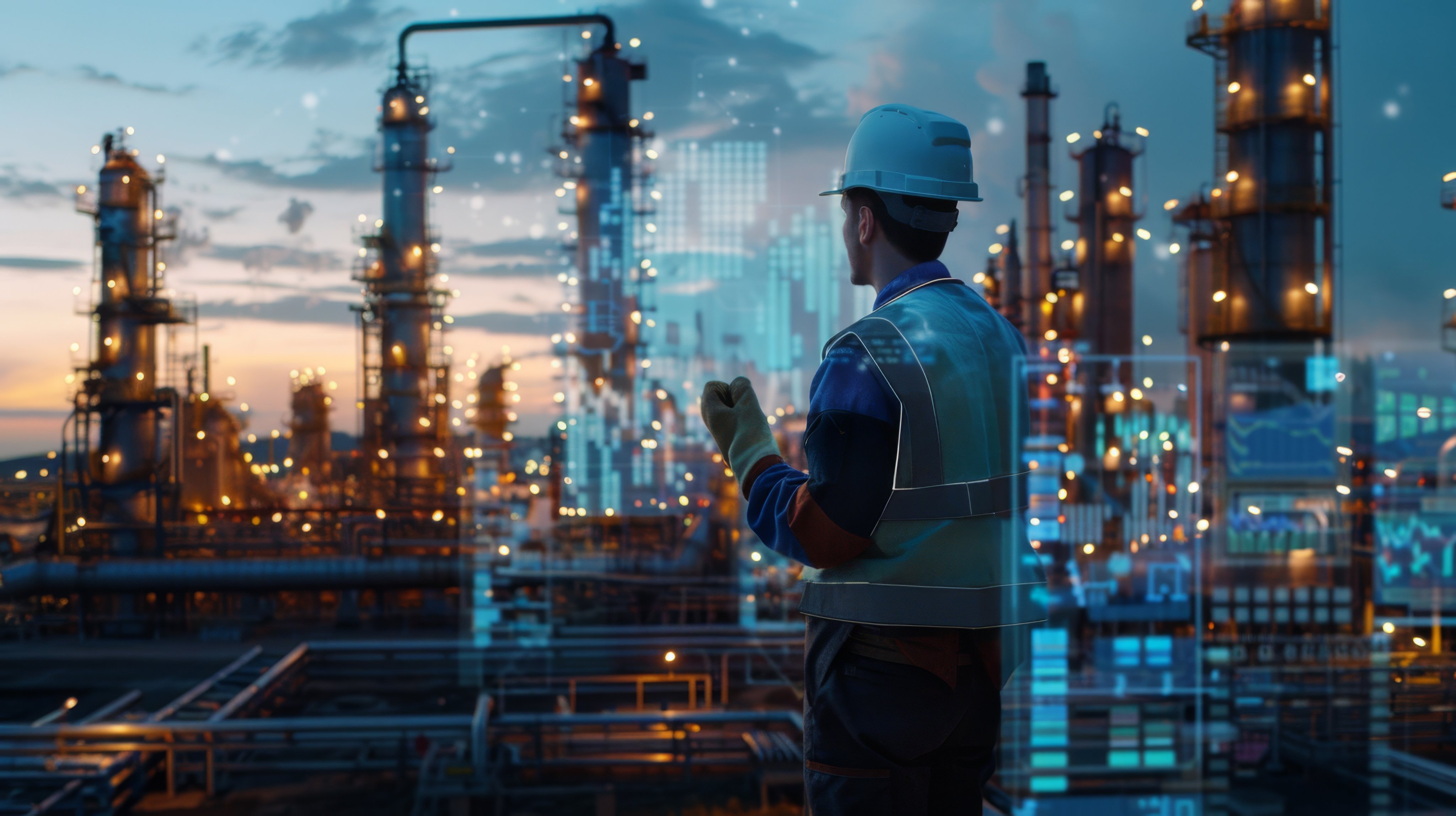 Engineer wearing safety gear at an oil refinery using digital technology and data analysis at dusk.