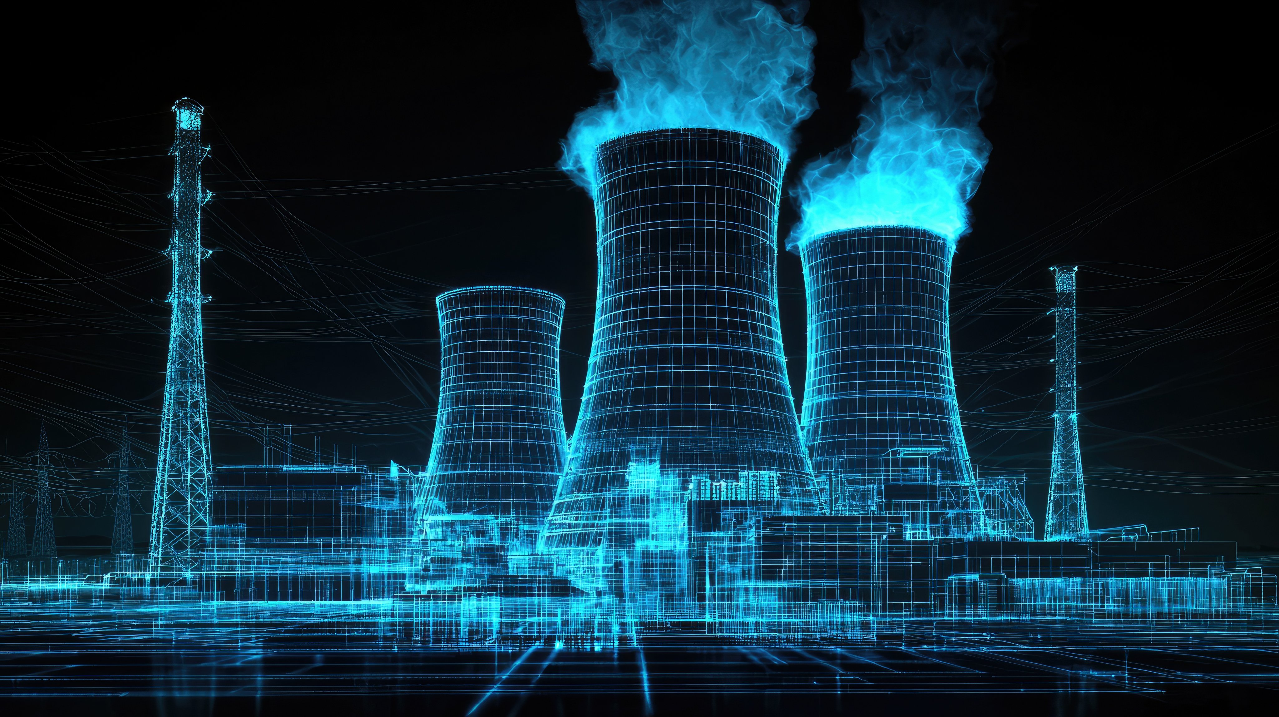 5w A digital art rendering of the nuclear power plant with blue glowing accents, showcasing energy production and technology elements in a wireframe style. is displayed above on a black background, enhancing the visual appeal. Remove the background lines and create a clean dark background. 