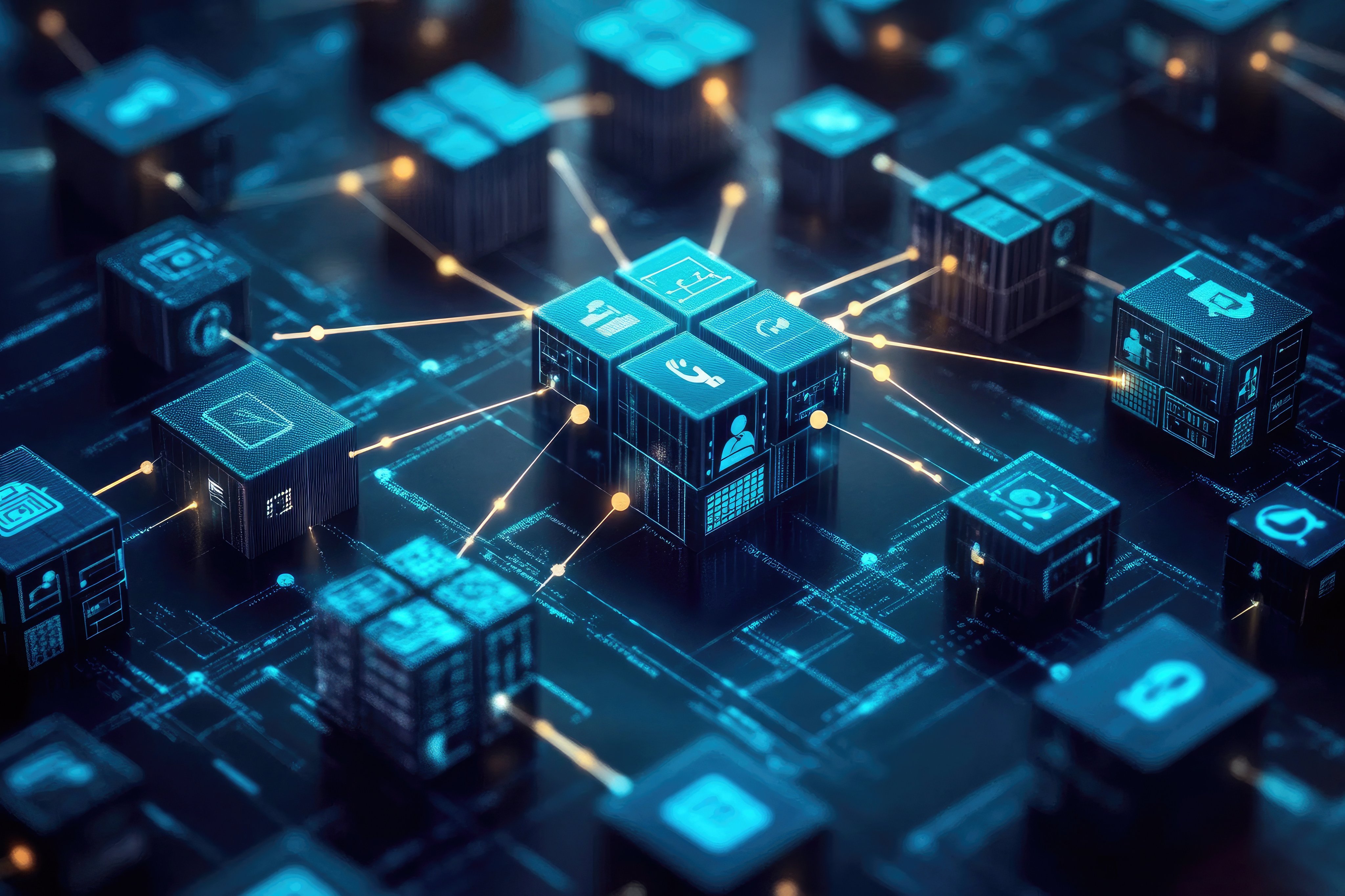 Connected digital cubes, intricate network, futuristic technology