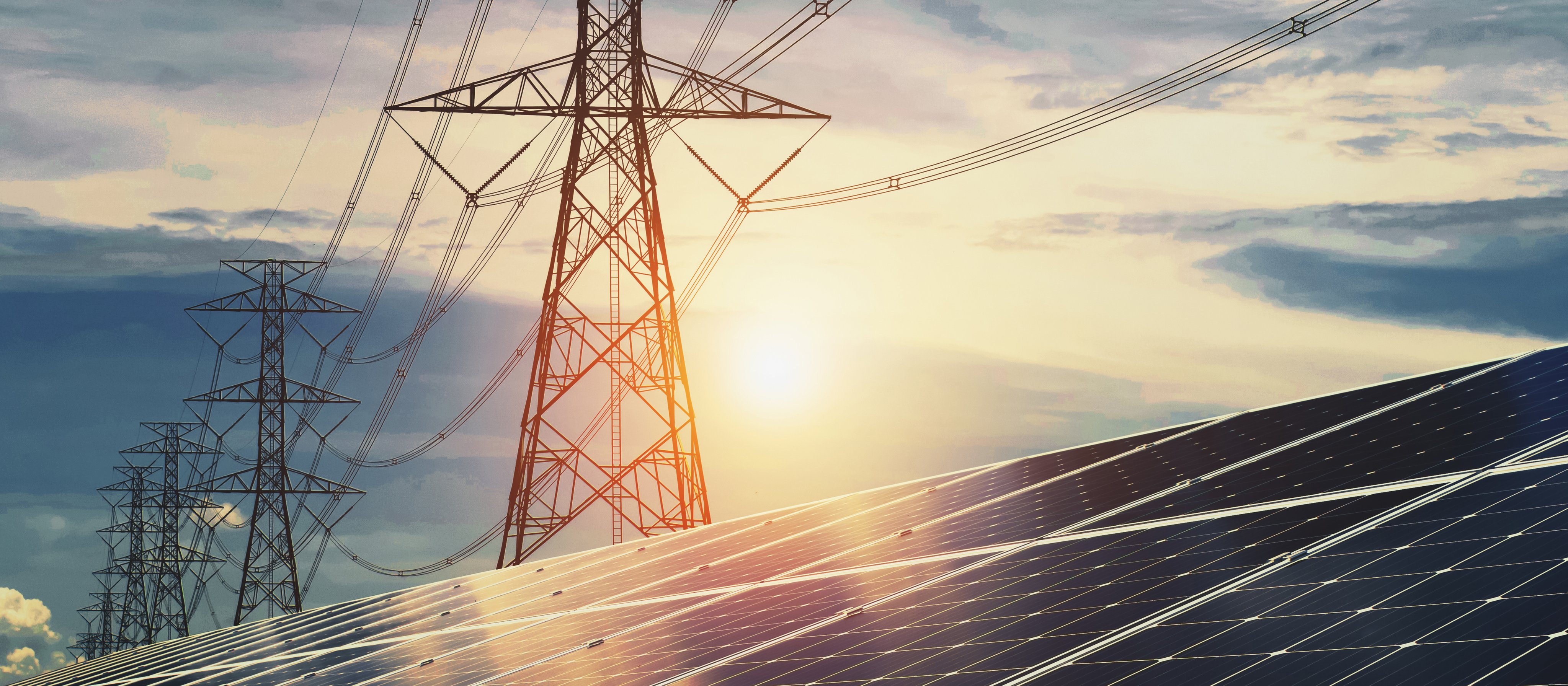 Solar panels with electricity pylon and sunset. Clean energy concept. power alternative