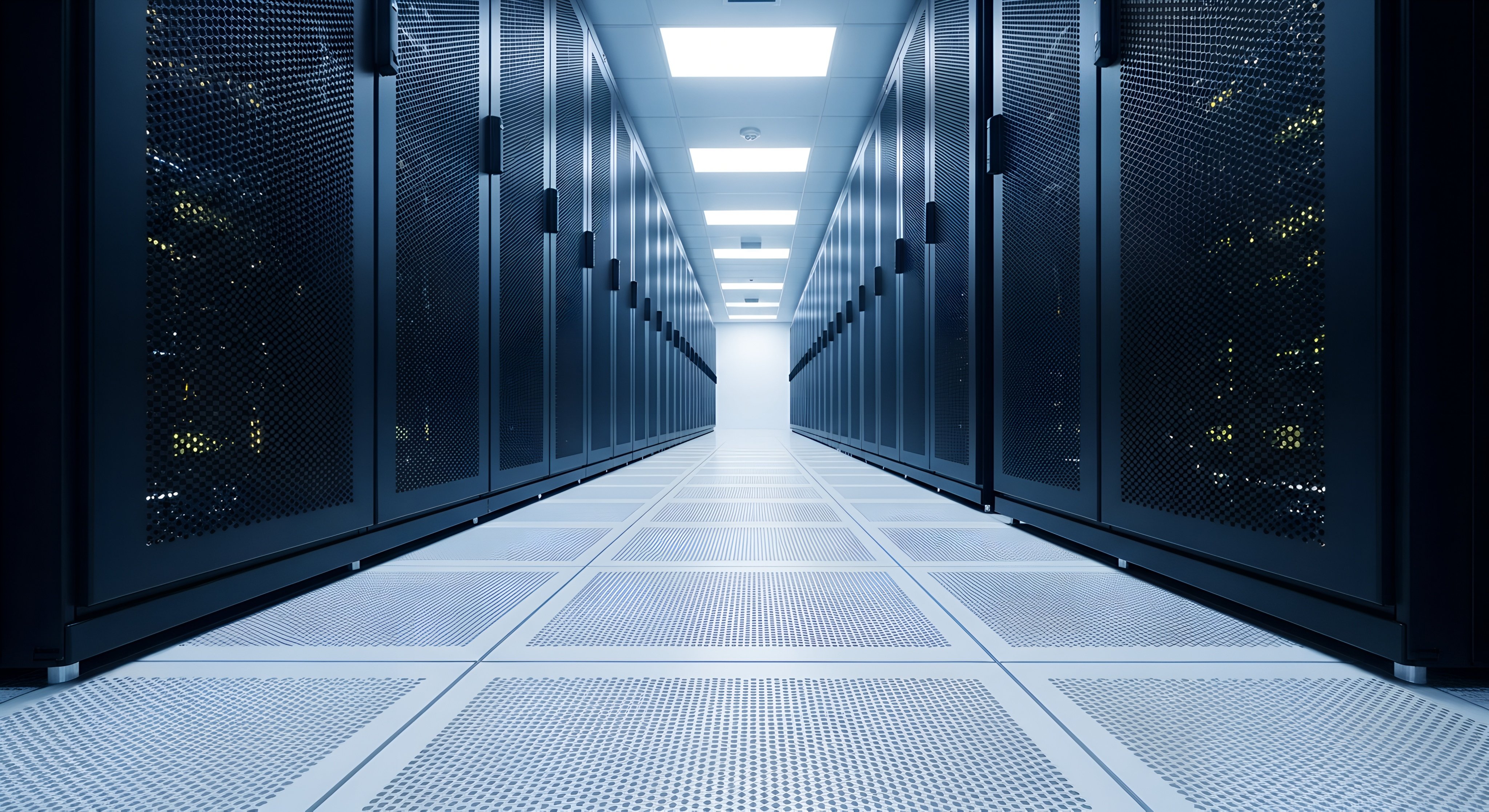 A long, symmetrical corridor stretches into the distance, flanked by tall, dark server racks with perforated fronts. The floor is tiled with a grid pattern of perforated squares. Overhead, rectangular fluorescent lights illuminate the space with a cool, white glow, creating a sterile and organized atmosphere. The perspective draws the viewer down the aisle towards a bright, white opening at the far end.