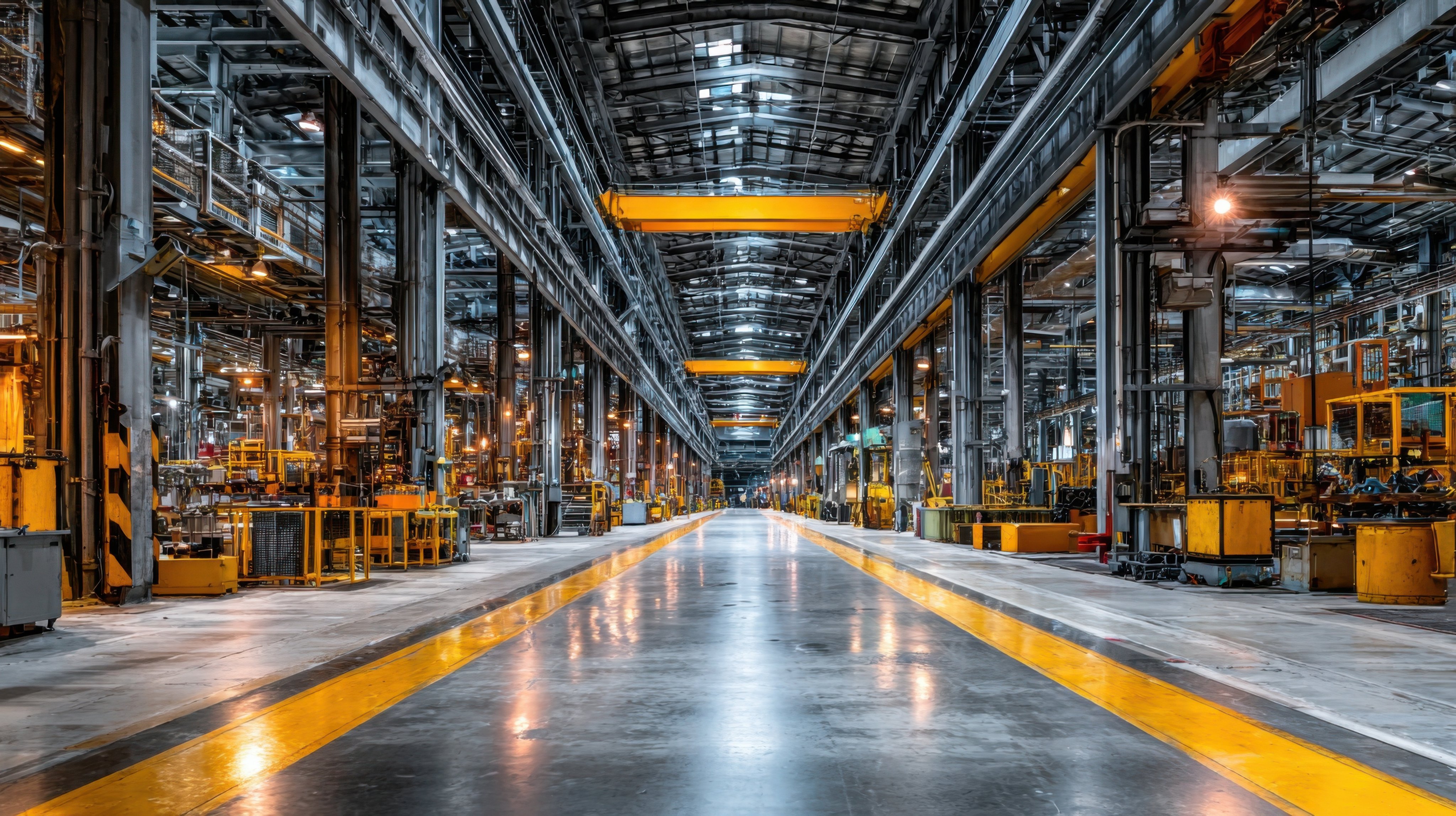 A vast industrial warehouse filled with large machinery, tools, and equipment. Overhead cranes are visible, and the well-lit space emphasizes the organized layout of the manufacturing area.