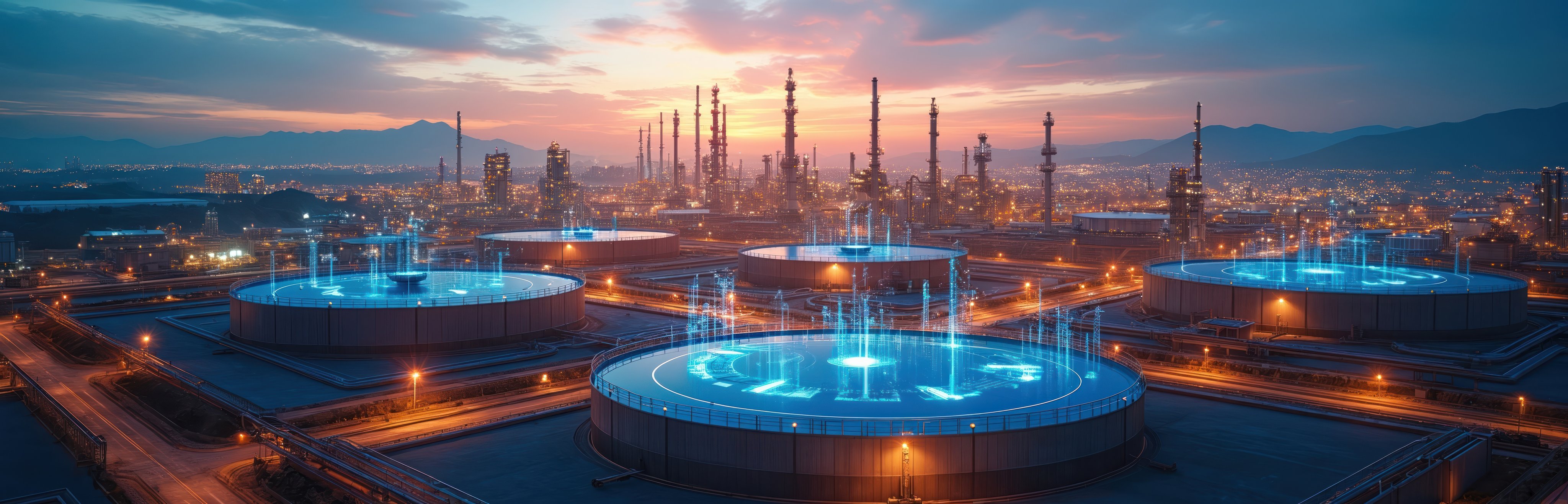 Aerial view of oil, gas refinery with digital data hologram visualization on tanks at sunset. Modern industrial complex with pipelines, petrochemical plant. Fuel energy production sustainable global