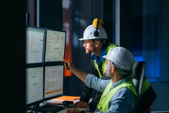 Group of operators control process on product line uses industry 4.0 and digital technology on modern factory. Two engineers follow assembly process uses SCADA system which AI technology and UI 
