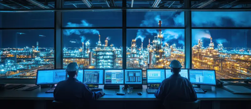 Two workers in a control room monitor a large chemical plant at night.