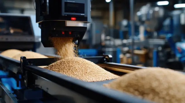 Detail medium shot of grains being analyzed by AI camera, subtle light reflections and metallic conveyor details, background softly blurred, photorealistic textures, cinematic shallow depth of field, ultra-HD 8K high-tech industrial inspection visualization --chaos 20 --ar 91:51 --profile 3nlar79 --stylize 150 --v 7 Job ID: 51120249-56c6-4123-b3ca-fda4d7042e15