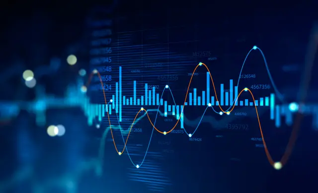 Futuristic HUD digital graph interface over blurry dark blue background. Concept of stock market and trading. 3d rendering double exposure