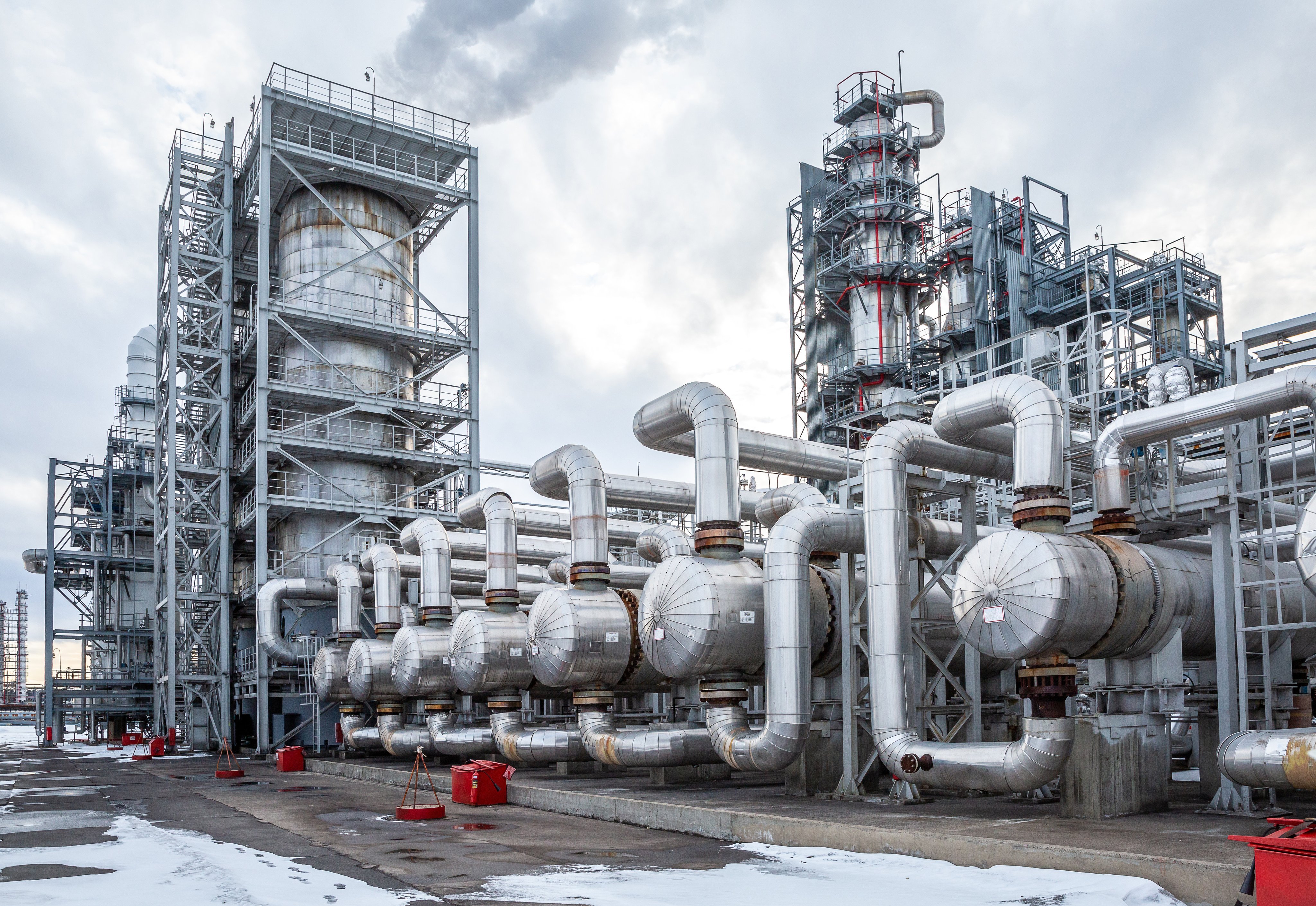 heat exchanger at an oil refinery, large size, daylight. Deep processing of oil
